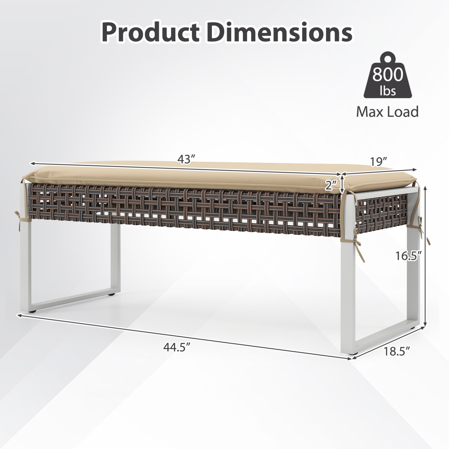 Gymax 43 Inch Patio Rectangle Ottoman Pack of 2 w/ Metal Legs & Seat Cushion