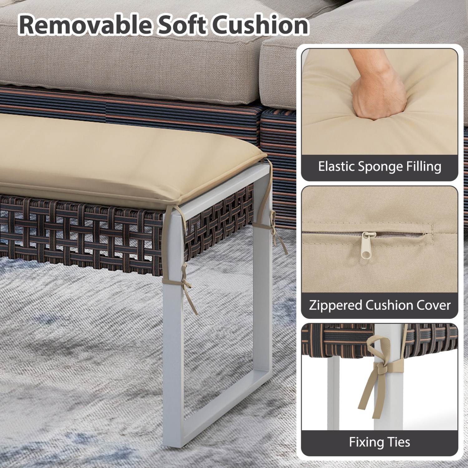 Gymax 43 Inch Patio Rectangle Ottoman Pack of 2 w/ Metal Legs & Seat Cushion