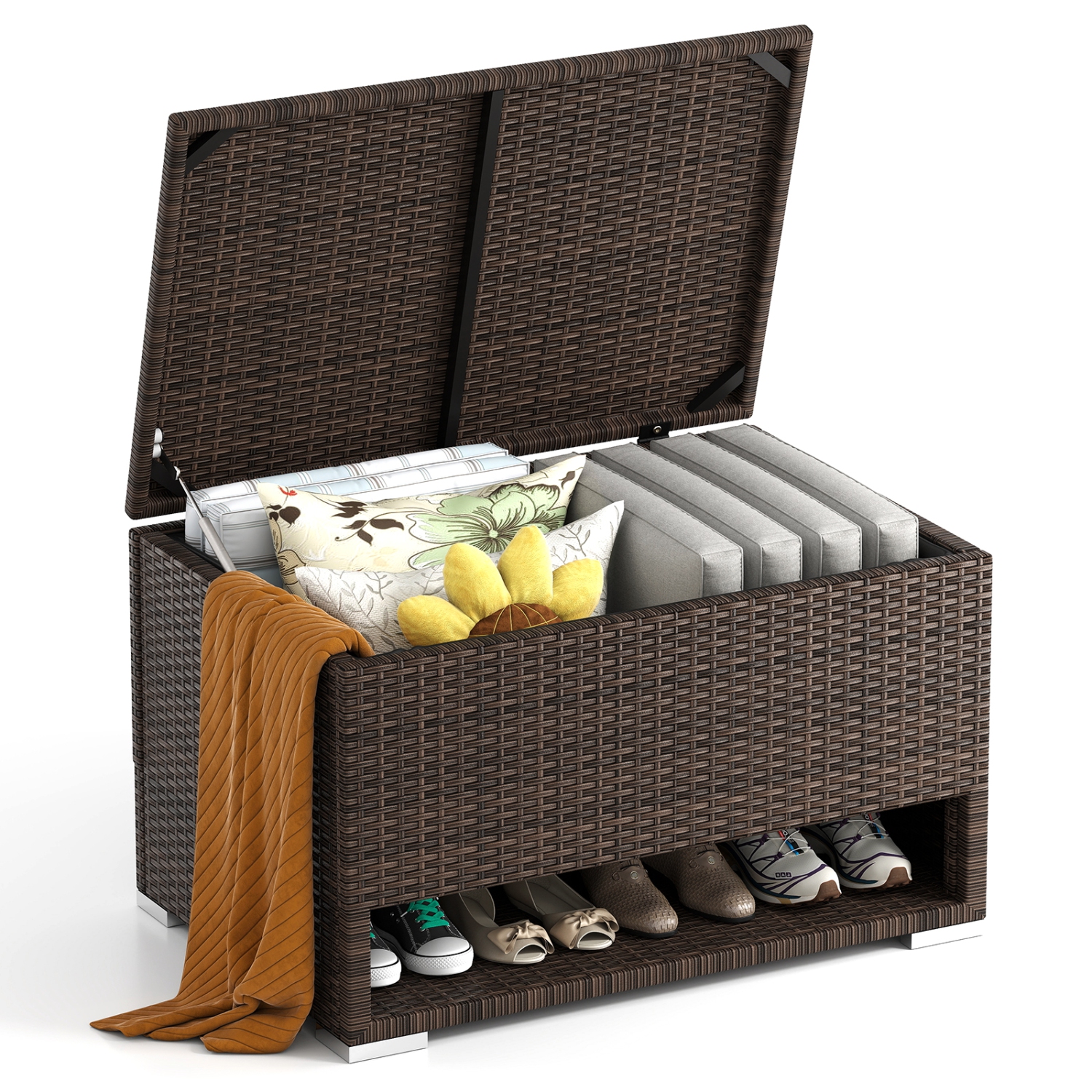 Gymax 48 Gallon PE Wicker Rattan Deck Box w/ Shoe Rack Outdoor Storage Bin w/ Protective Liner