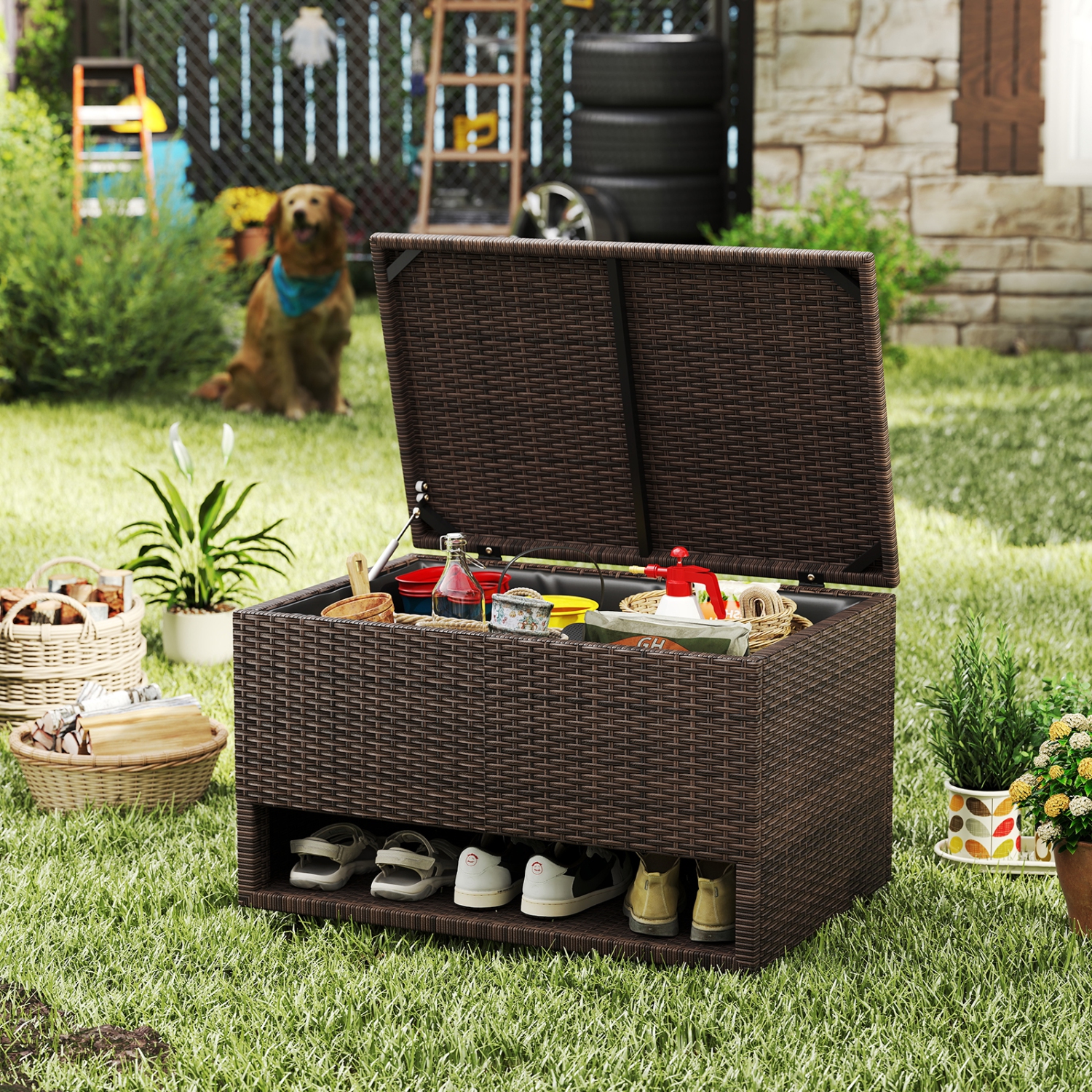 Gymax 48 Gallon PE Wicker Rattan Deck Box w/ Shoe Rack Outdoor Storage Bin w/ Protective Liner