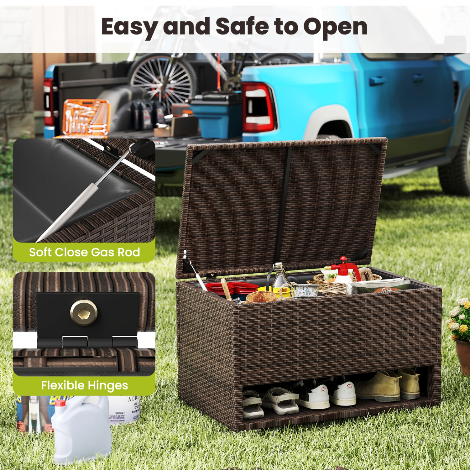 Gymax 48 Gallon PE Wicker Rattan Deck Box w/ Shoe Rack Outdoor Storage Bin w/ Protective Liner