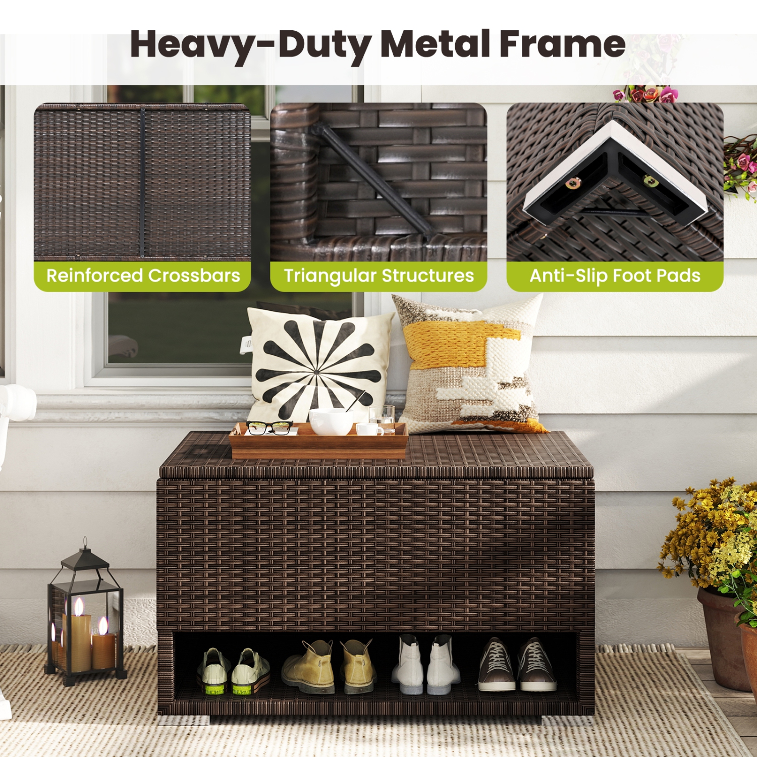 Gymax 48 Gallon PE Wicker Rattan Deck Box w/ Shoe Rack Outdoor Storage Bin w/ Protective Liner