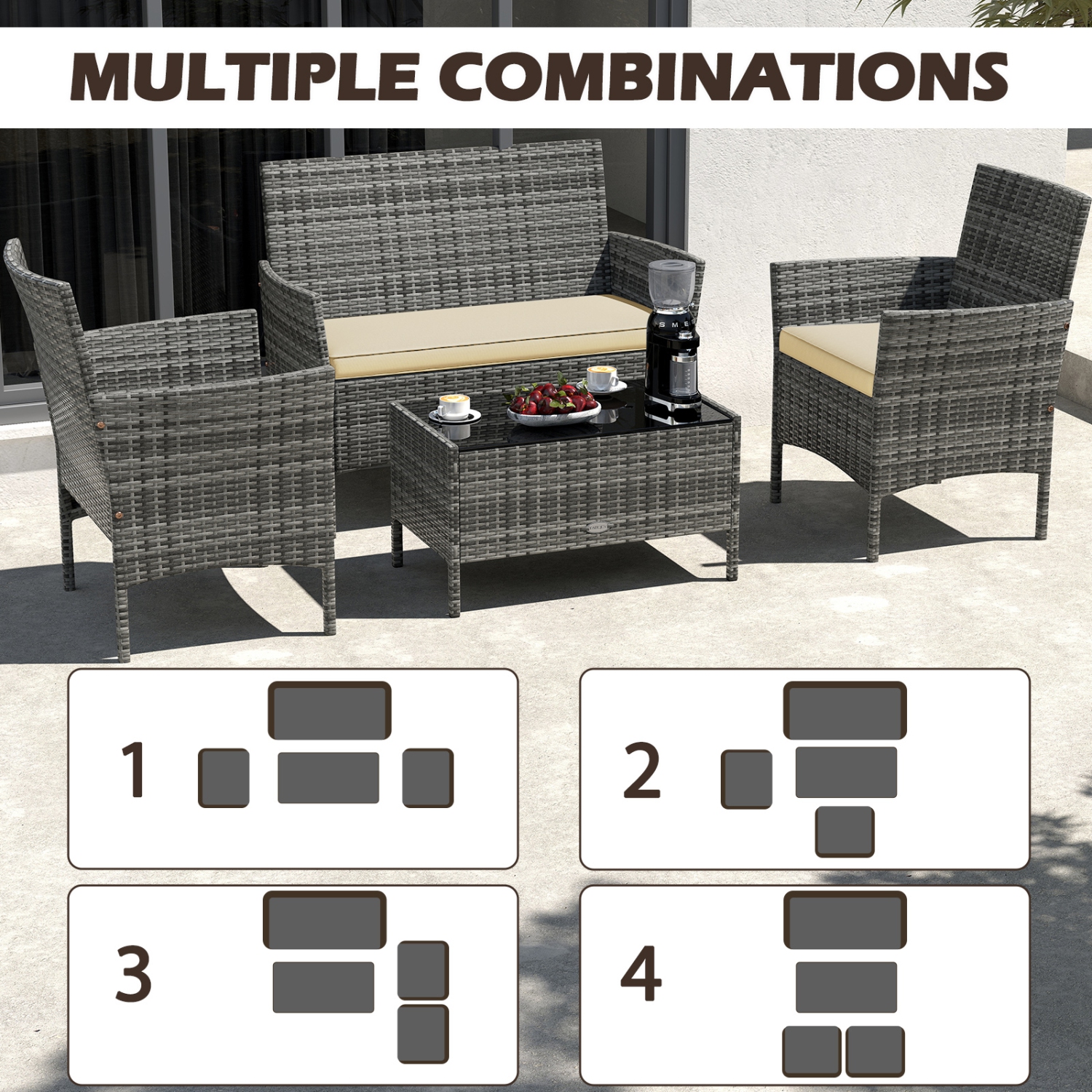 Gymax Set Of 4 Patio Furniture Set w/Washable Cushions & Tempered Glass Coffee Table