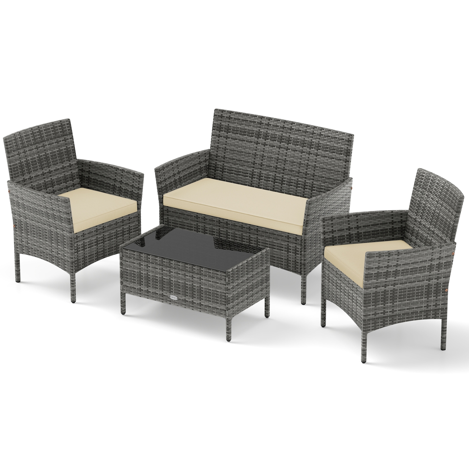 Gymax Set Of 4 Patio Furniture Set w/Washable Cushions & Tempered Glass Coffee Table