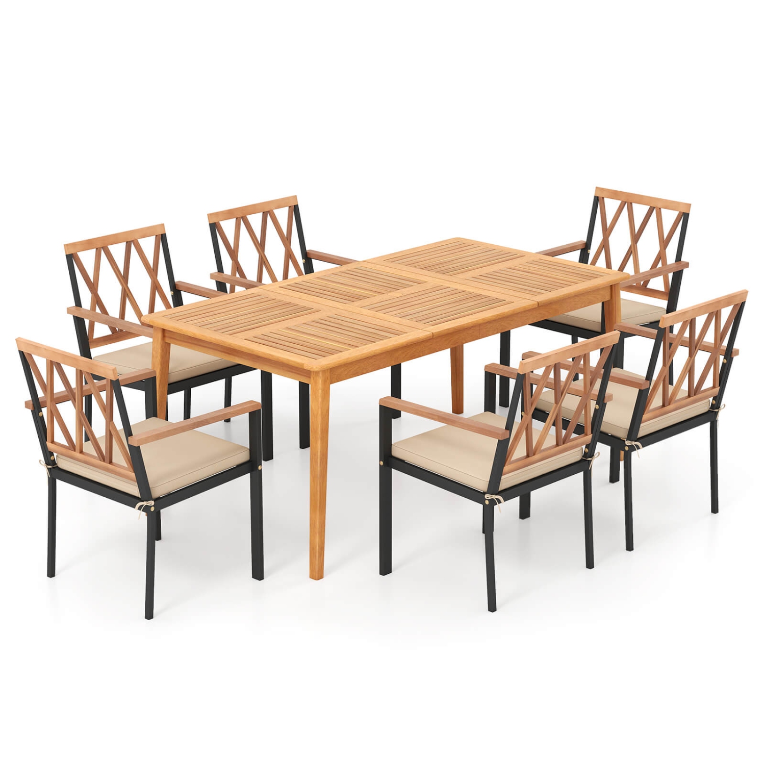 Gymax Set Of 7 Patio Acacia Wood Dining Set w/ Soft Seat Cushions Umbrella Hole Outdoor