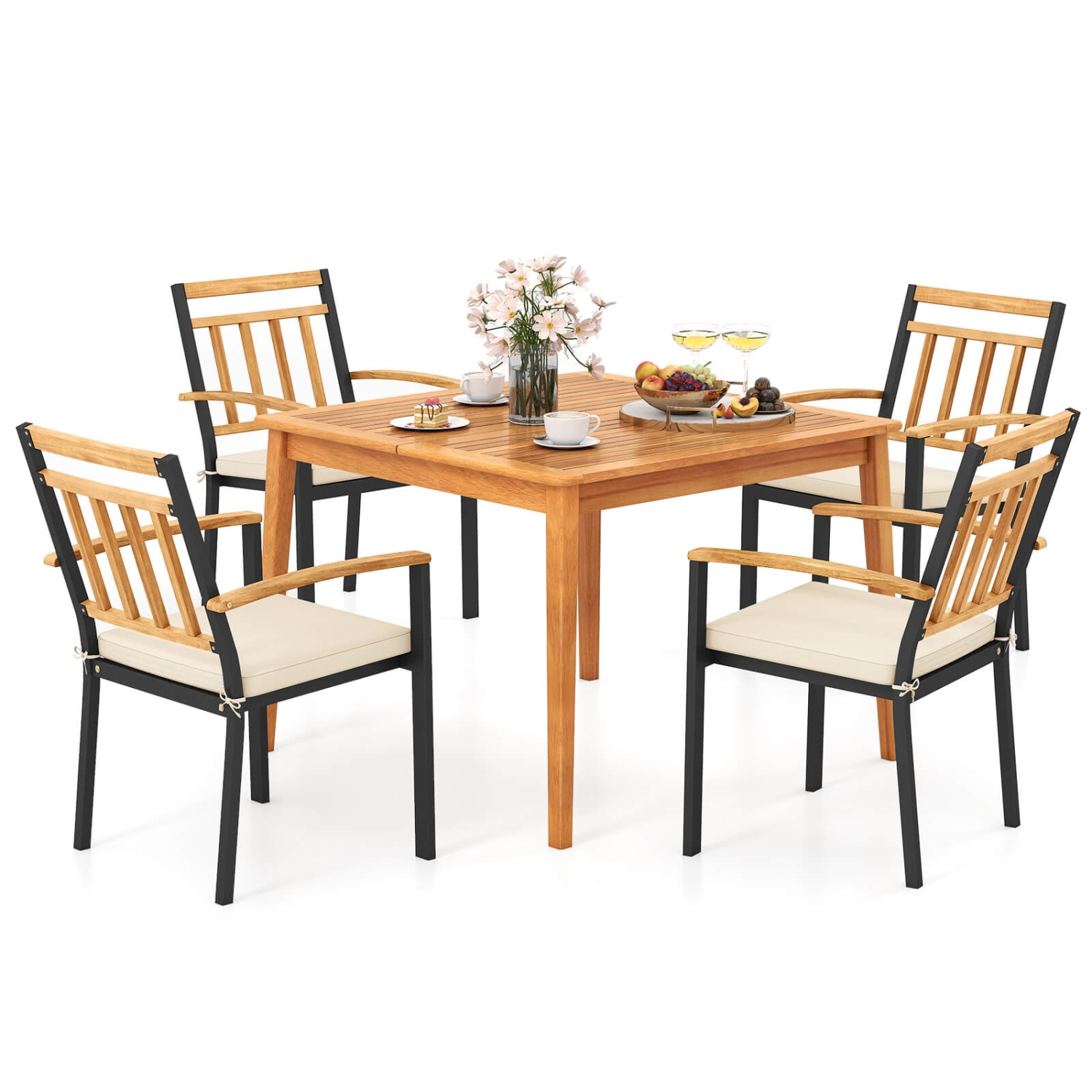 Gymax Set Of 5 Patio Acacia Wood Dining Set w/ Soft Seat Cushions Umbrella Hole for Yard