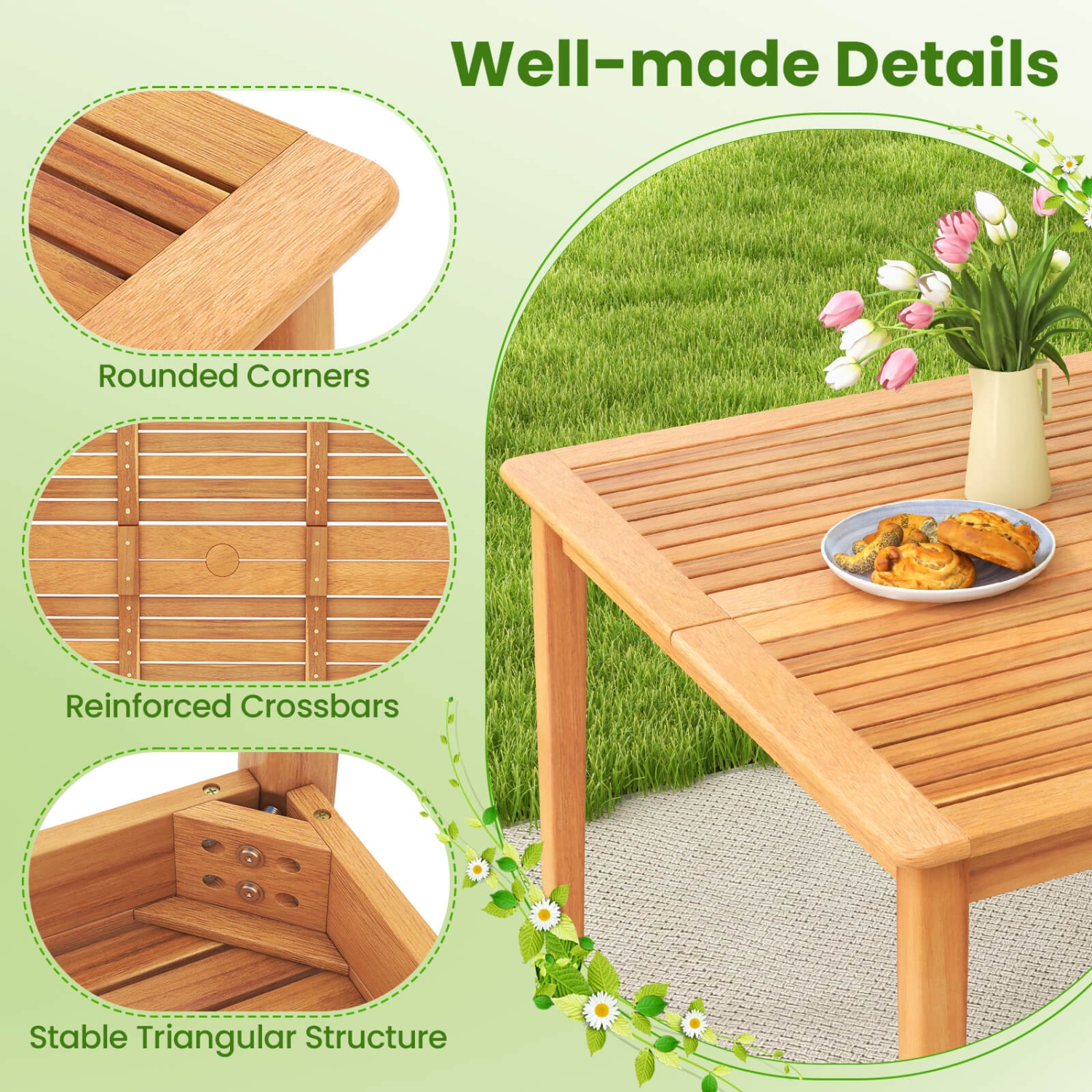Gymax Set Of 5 Patio Acacia Wood Dining Set w/ Soft Seat Cushions Umbrella Hole for Yard
