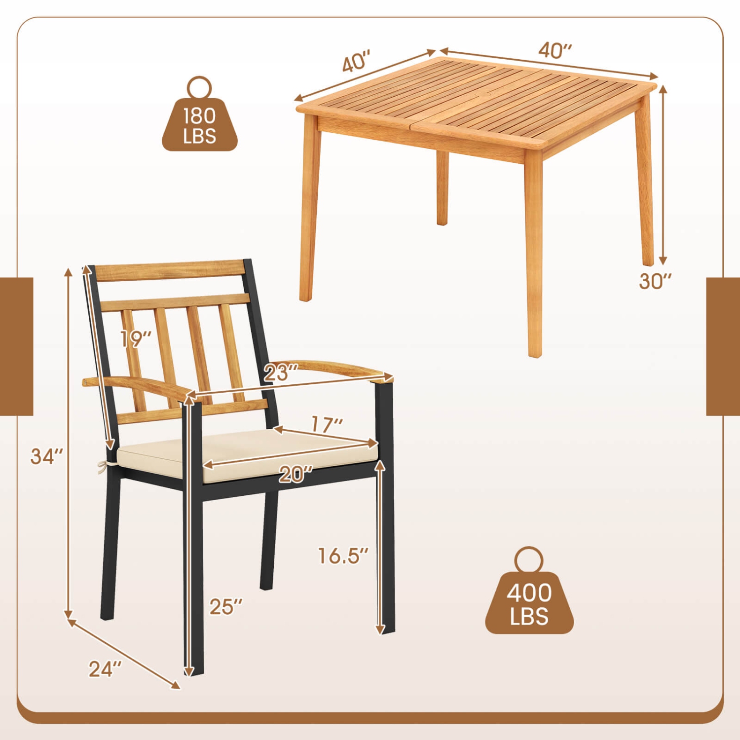Gymax Set Of 5 Patio Acacia Wood Dining Set w/ Soft Seat Cushions Umbrella Hole for Yard