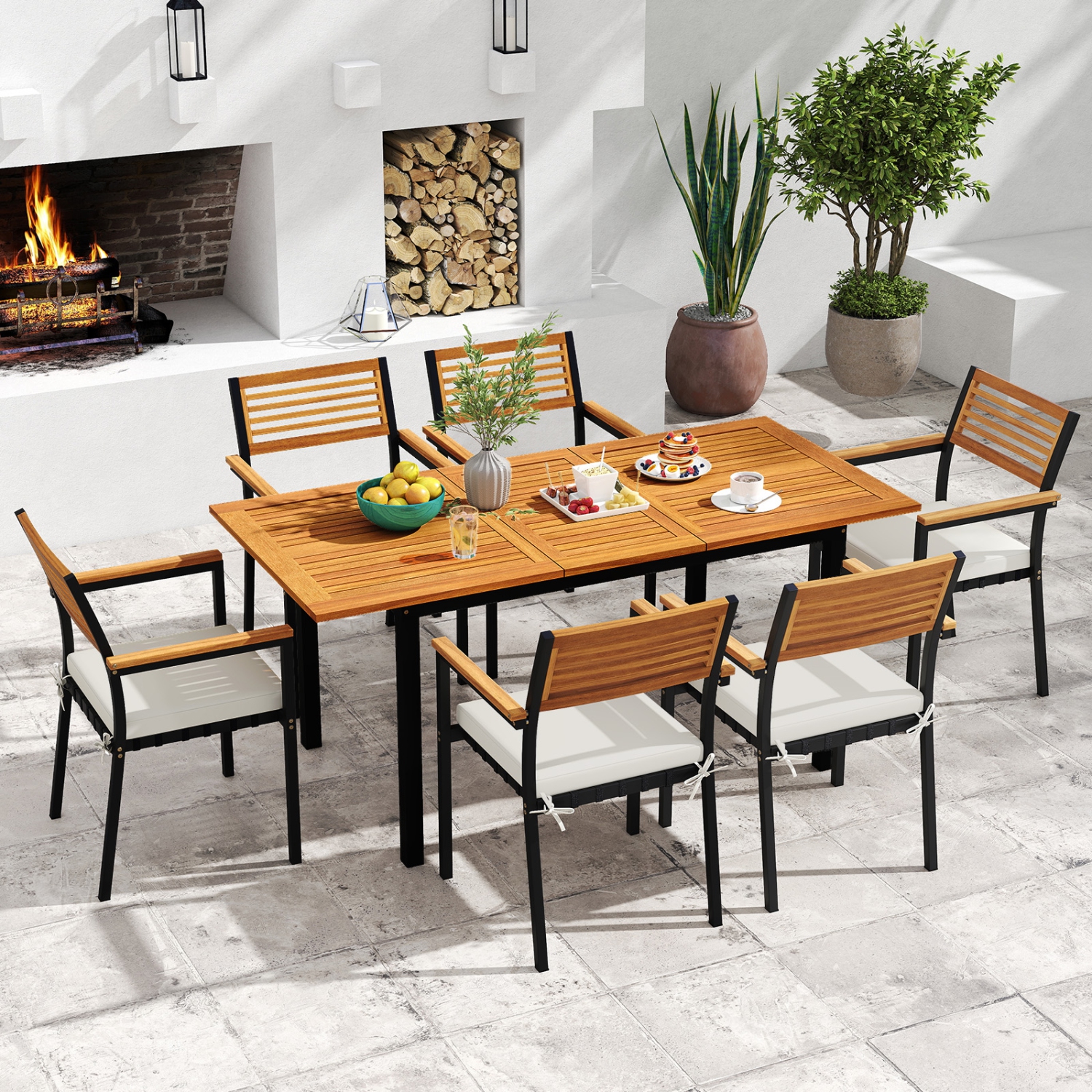 Gymax 7-Piece Patio Furniture Set Outdoor Dining Chair Set for 6 w/ Acacia Wood & Metal Frame