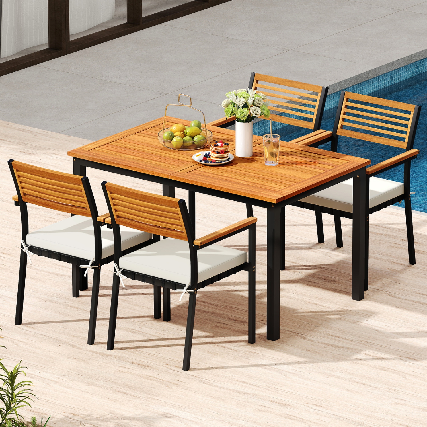 Gymax 7-Piece Patio Furniture Set Outdoor Dining Chair Set for 6 w/ Acacia Wood & Metal Frame