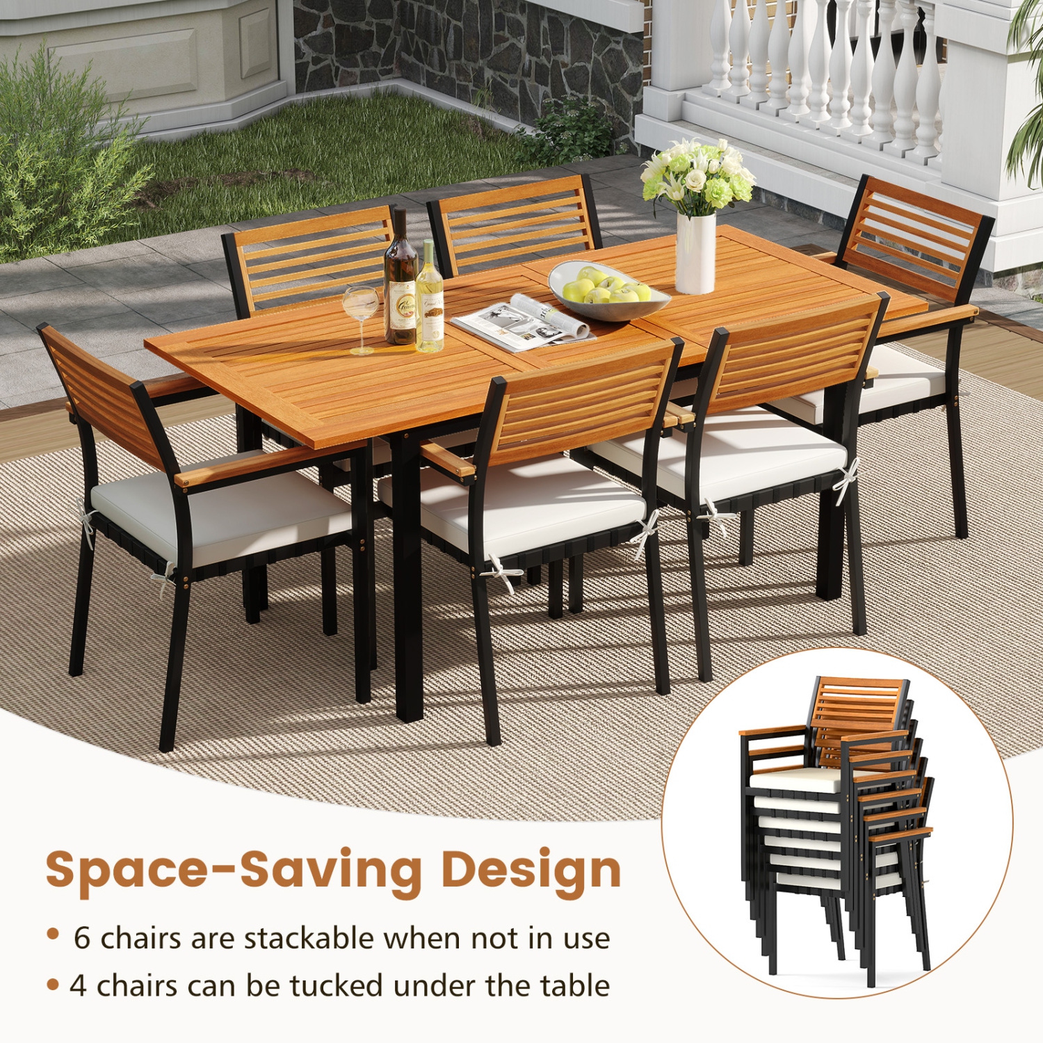 Gymax 7-Piece Patio Furniture Set Outdoor Dining Chair Set for 6 w/ Acacia Wood & Metal Frame