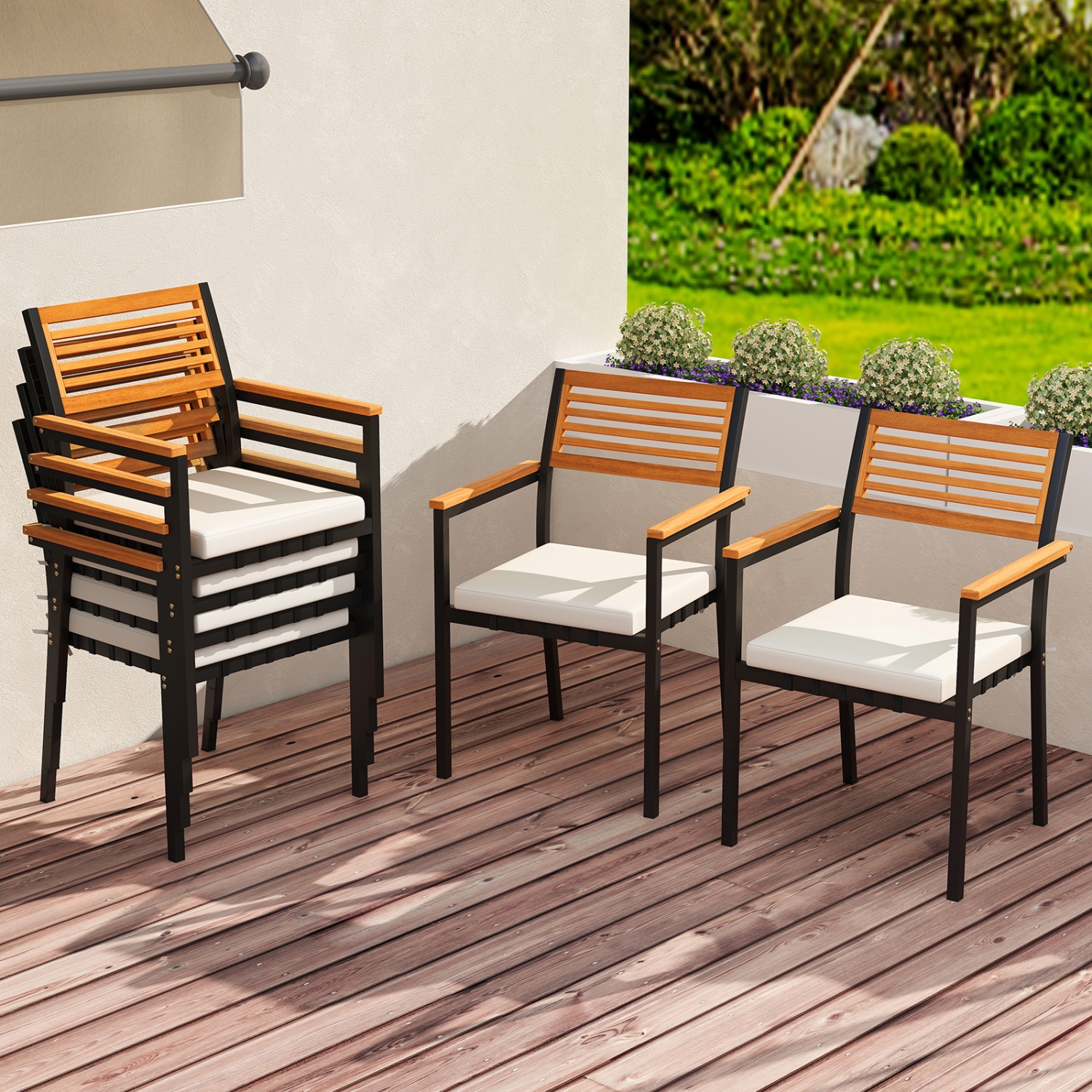 Gymax 7-Piece Patio Furniture Set Outdoor Dining Chair Set for 6 w/ Acacia Wood & Metal Frame