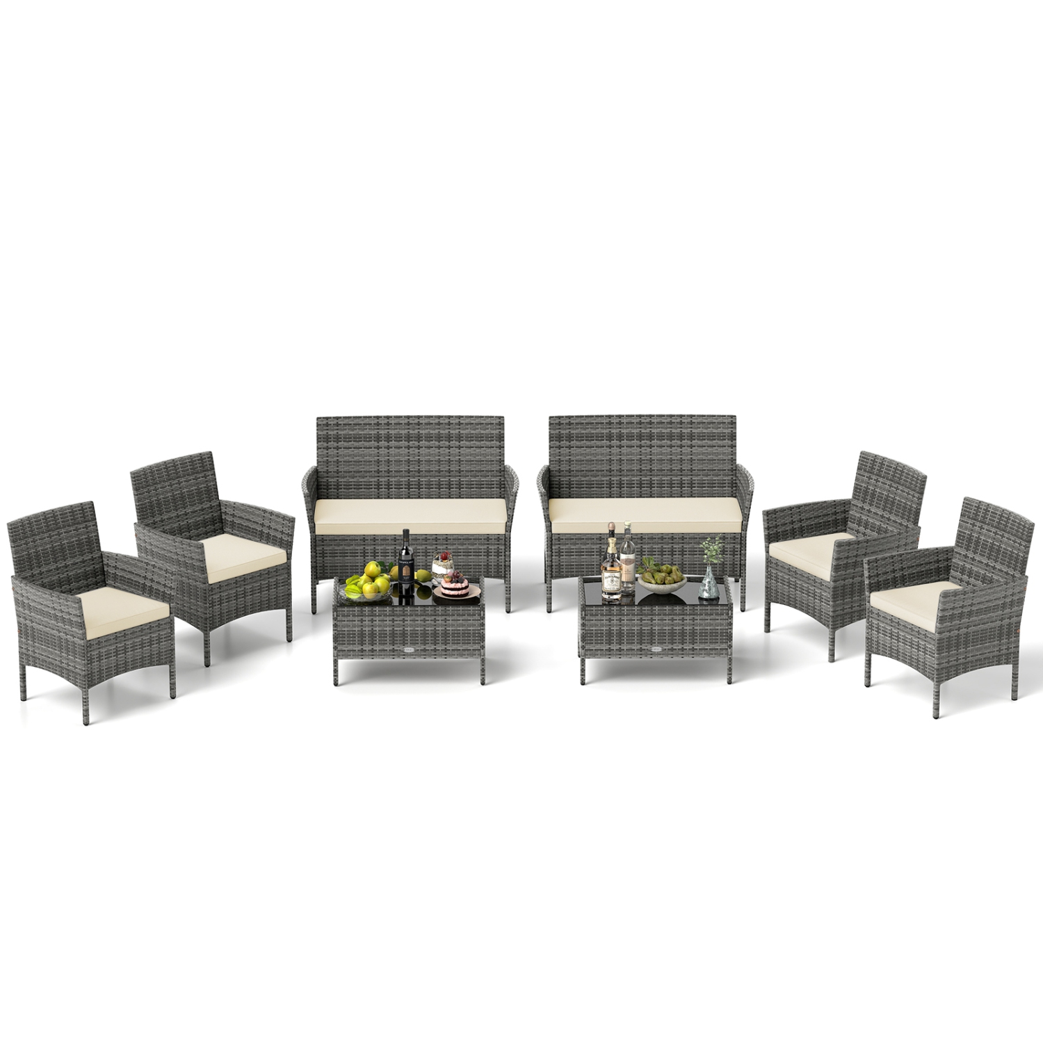 Gymax Set Of 8 Patio Furniture Set w/Washable Cushions & Tempered Glass Coffee Table