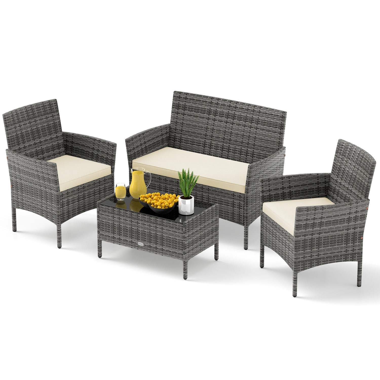 Gymax Set Of 8 Patio Furniture Set w/Washable Cushions & Tempered Glass Coffee Table
