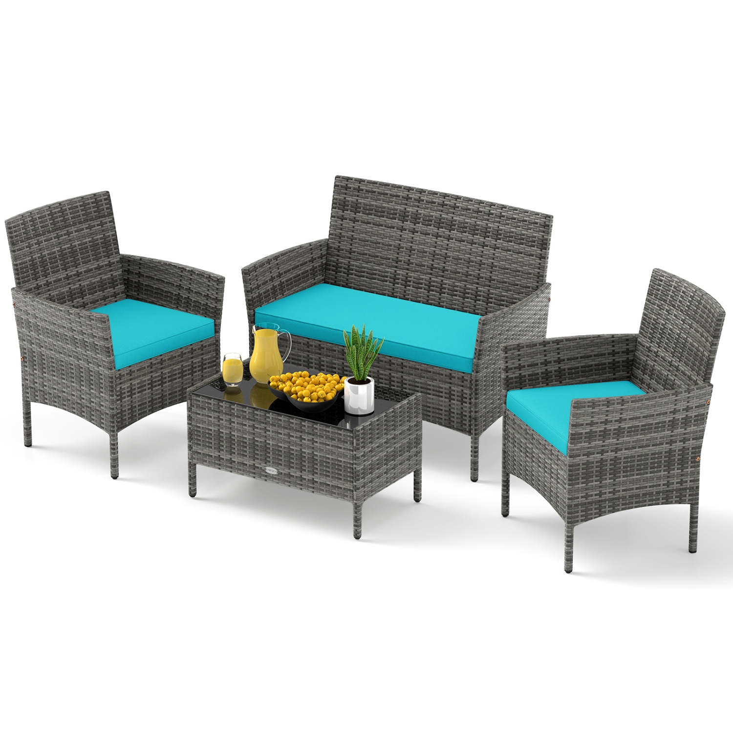 Gymax Set Of 4 Patio Furniture Set w/Washable Cushions & Tempered Glass Coffee Table