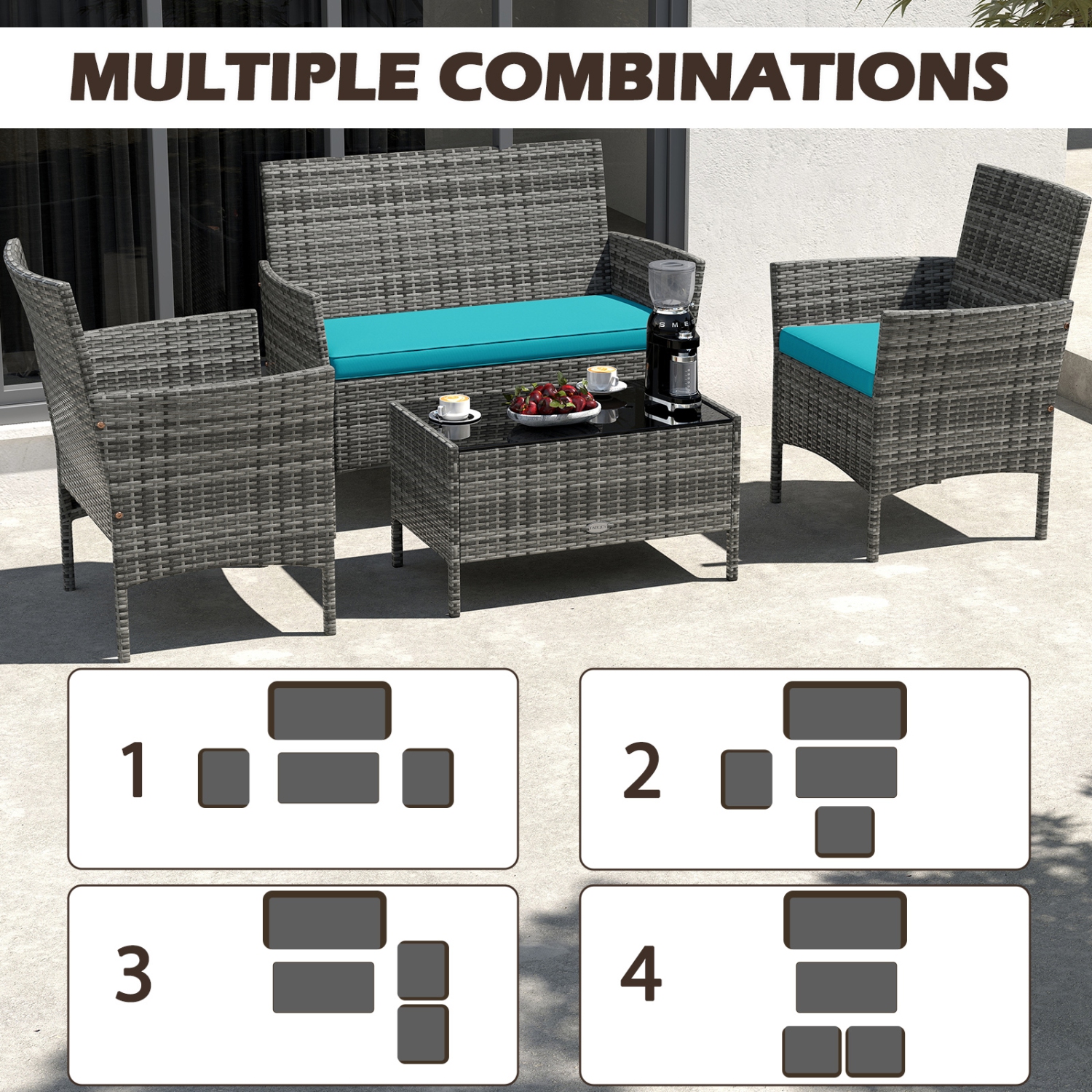 Gymax Set Of 4 Patio Furniture Set w/Washable Cushions & Tempered Glass Coffee Table