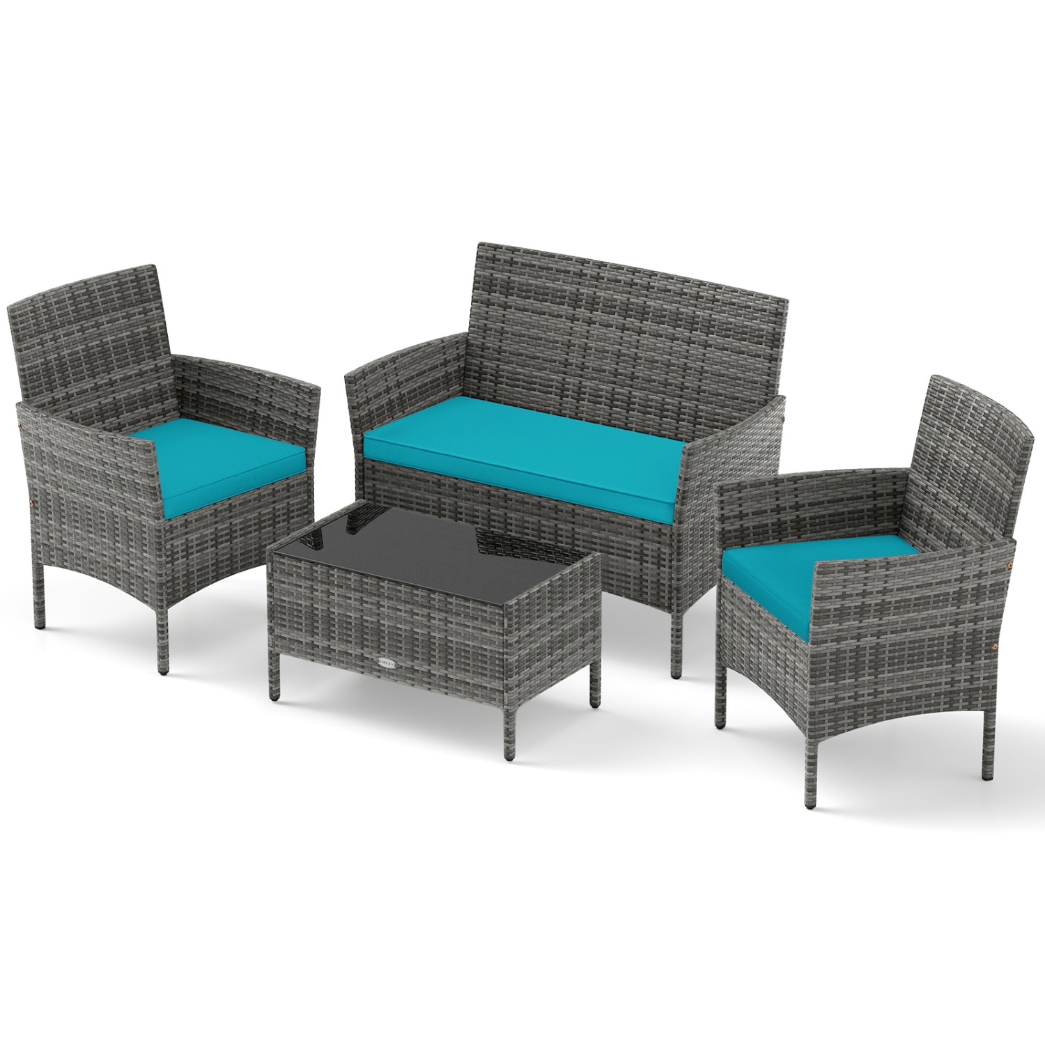 Gymax Set Of 4 Patio Furniture Set w/Washable Cushions & Tempered Glass Coffee Table