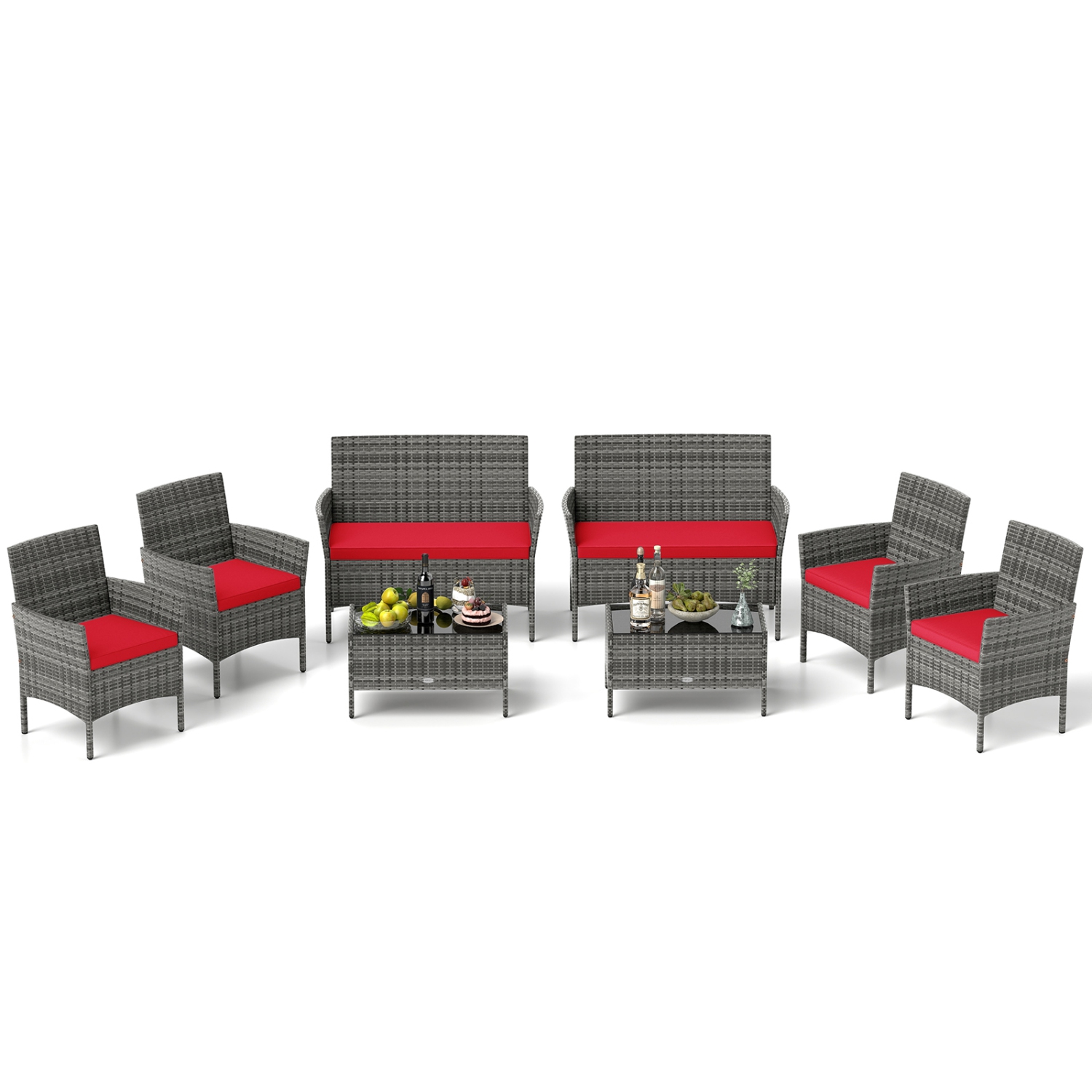 Gymax Set Of 8 Patio Furniture Set w/Washable Cushions & Tempered Glass Coffee Table