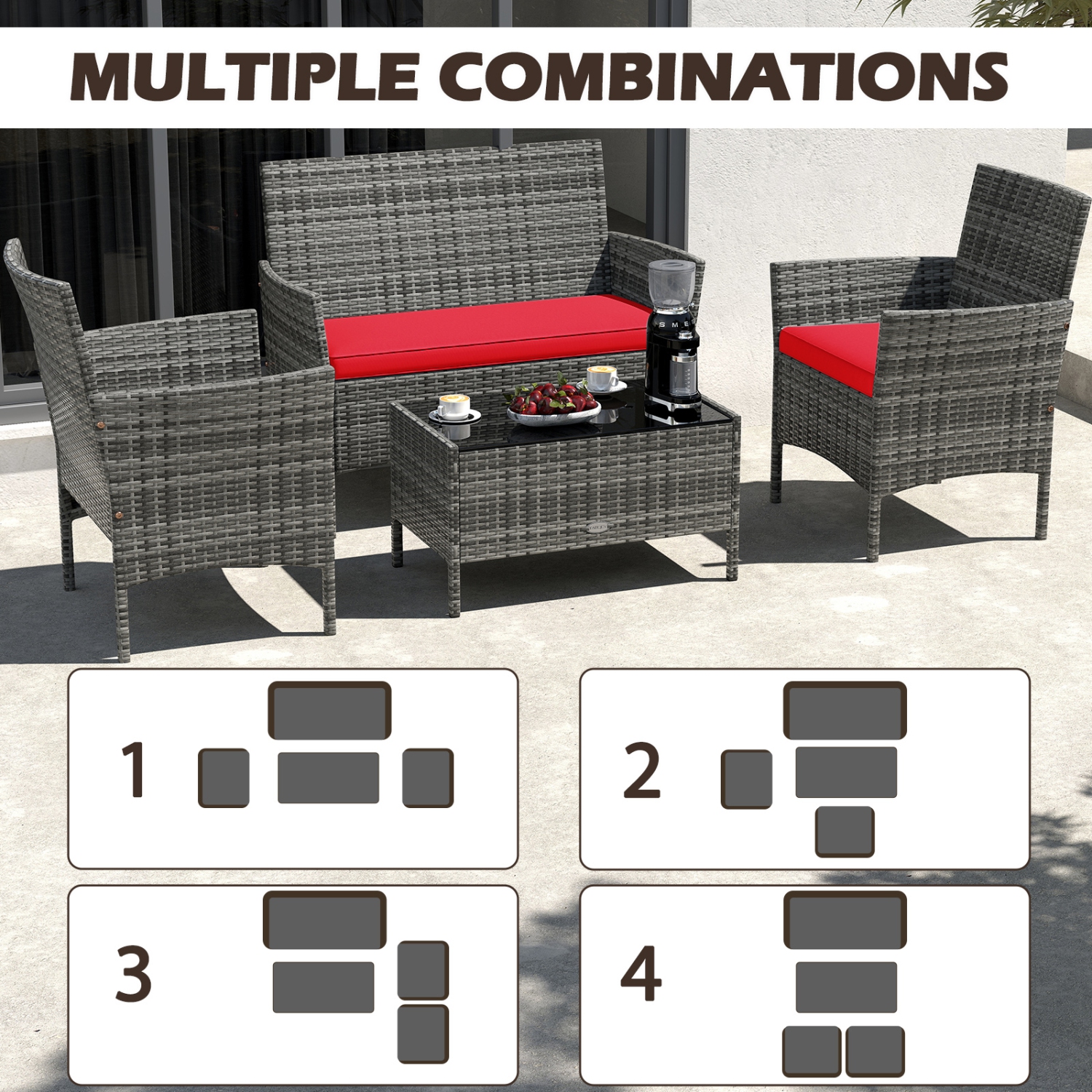 Gymax Set Of 8 Patio Furniture Set w/Washable Cushions & Tempered Glass Coffee Table