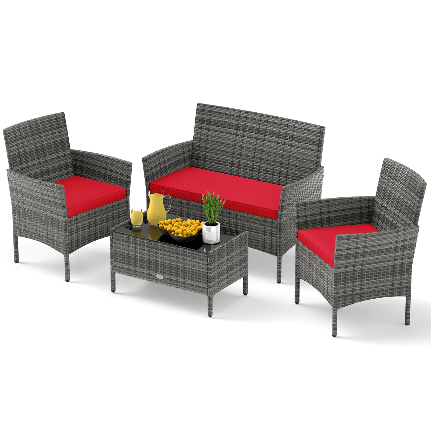 Gymax Set Of 8 Patio Furniture Set w/Washable Cushions & Tempered Glass Coffee Table