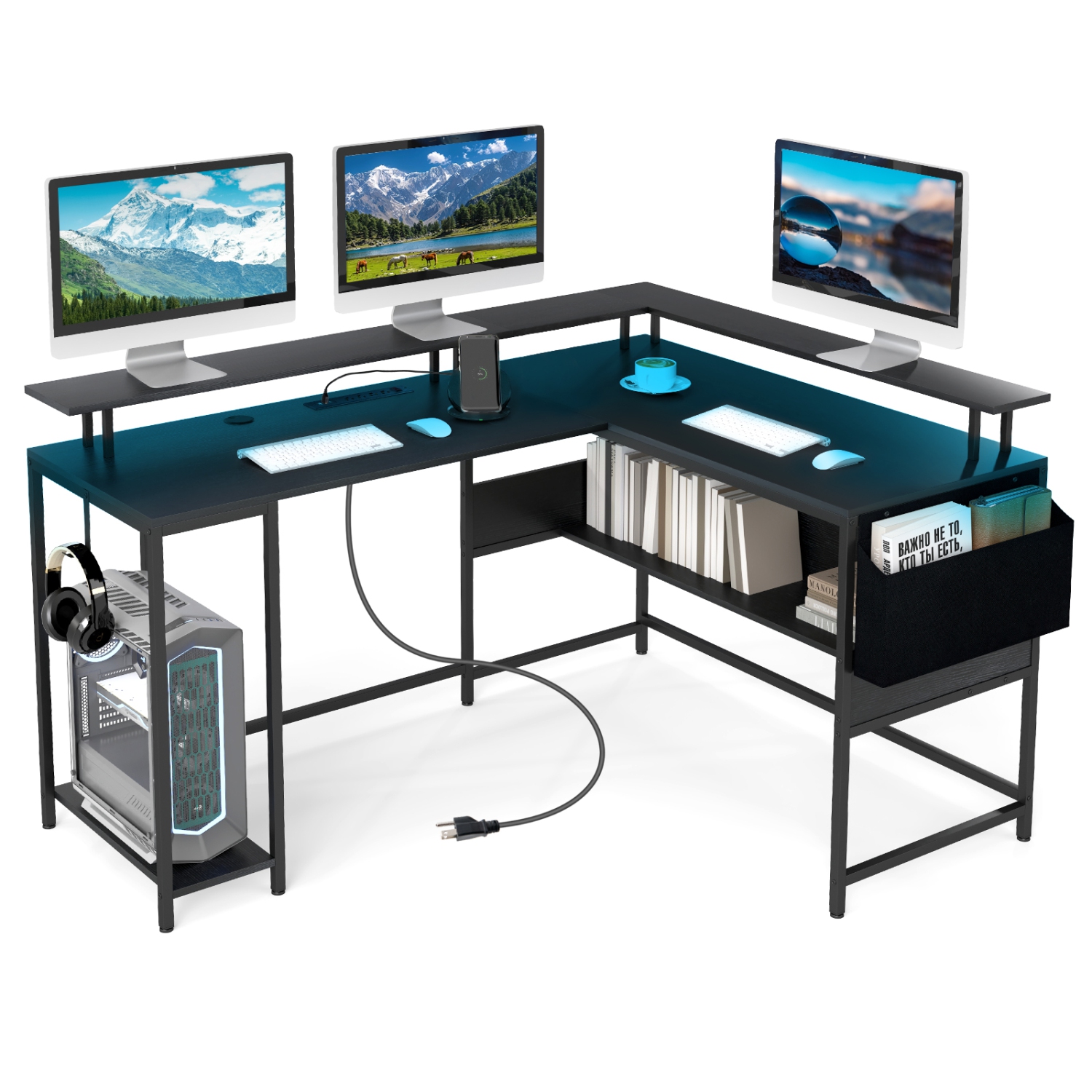 Gymax L-Shaped Gaming Desk w/ LED Lights & Power Outlets Monitor Stand Fabric Bag