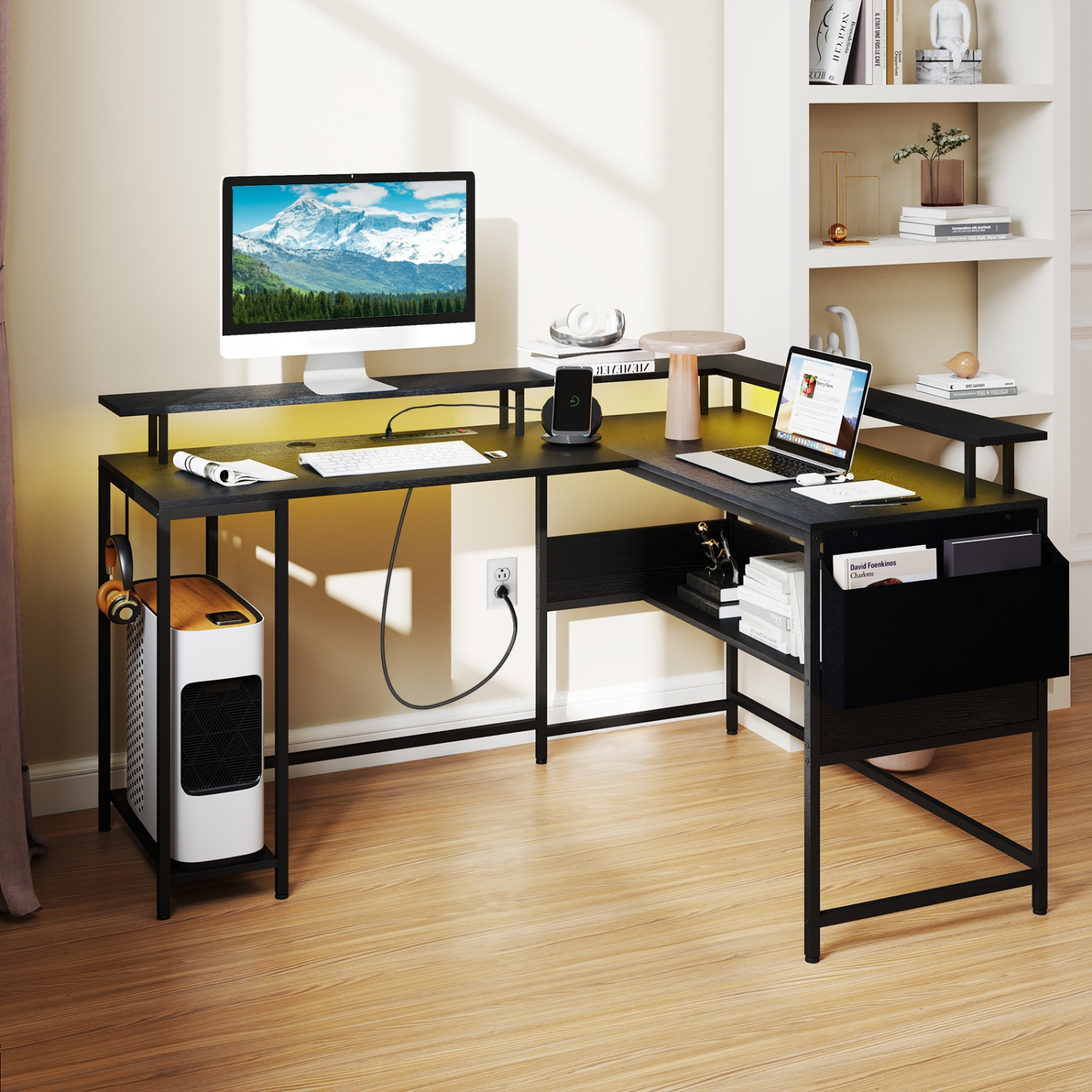 Gymax L-Shaped Gaming Desk w/ LED Lights & Power Outlets Monitor Stand Fabric Bag