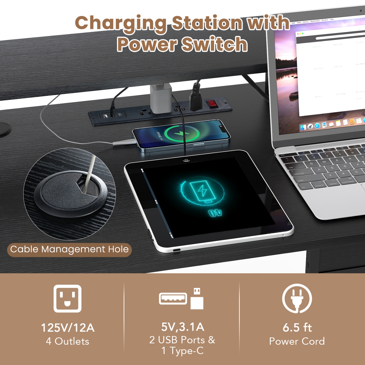 Gymax L-Shaped Gaming Desk w/ LED Lights & Power Outlets Monitor Stand Fabric Bag