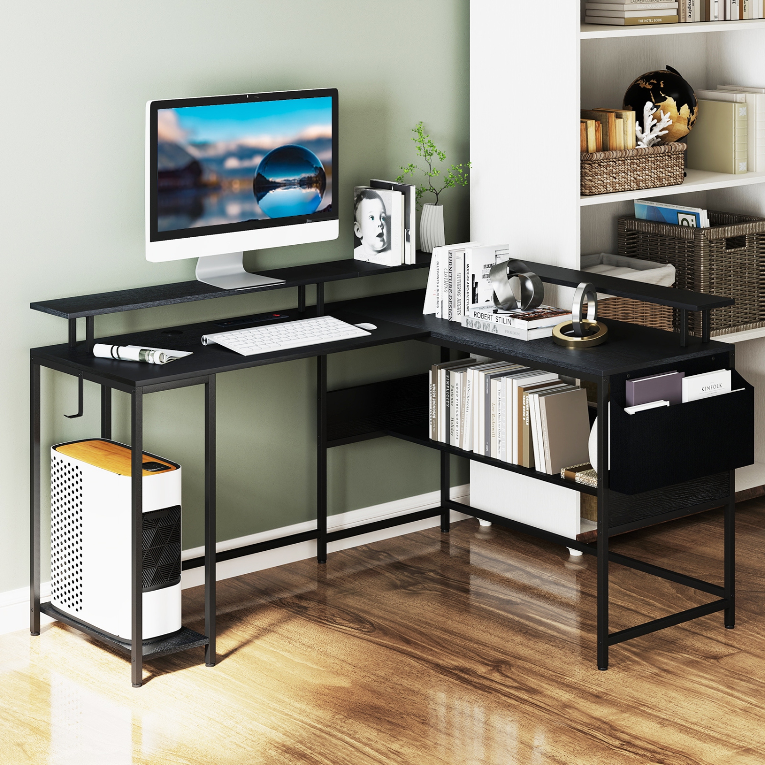 Gymax L-Shaped Gaming Desk w/ LED Lights & Power Outlets Monitor Stand Fabric Bag