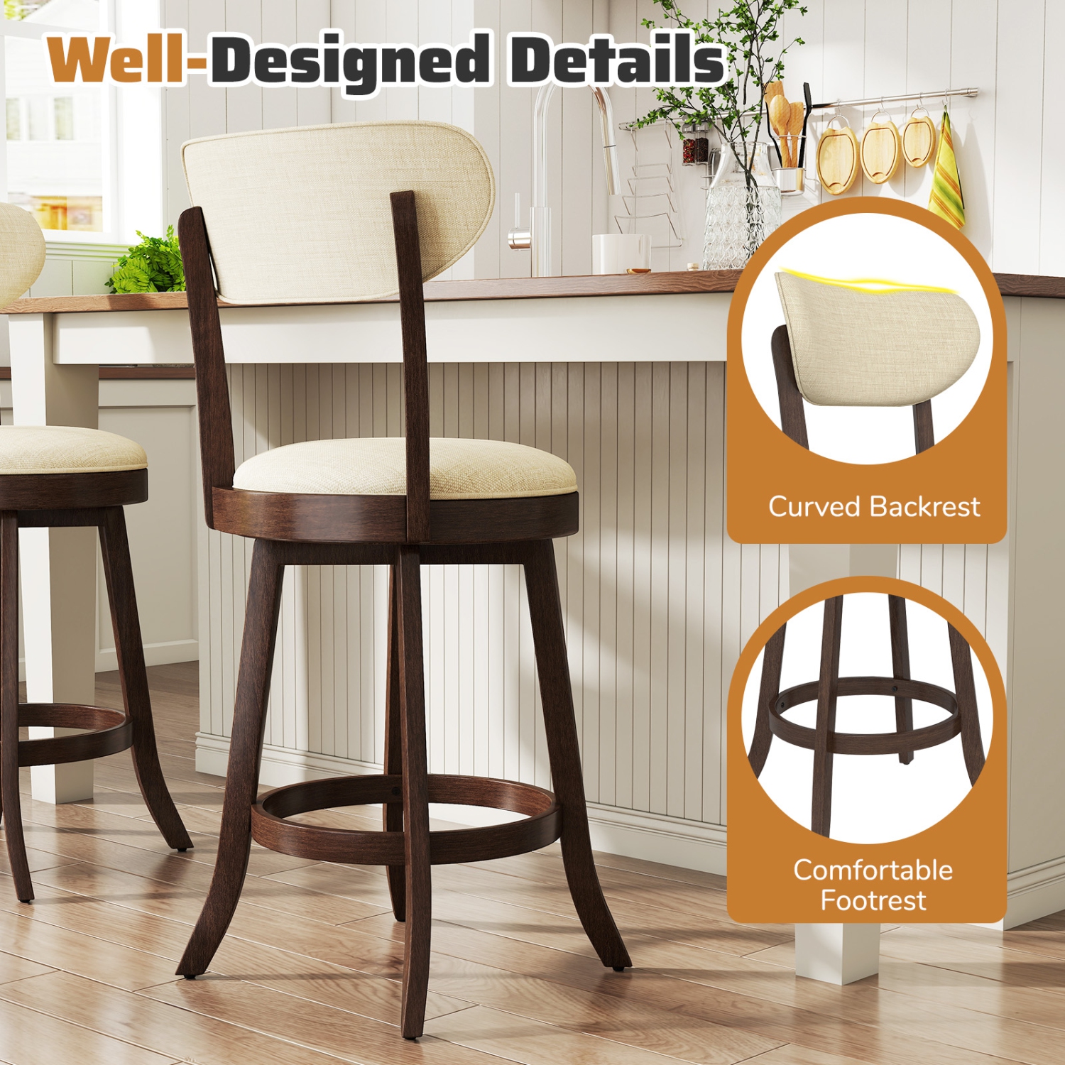 Gymax 25.5'' Counter Height Chairs Set of 2 w/ Padded Seat & Backrest Rubber Wood