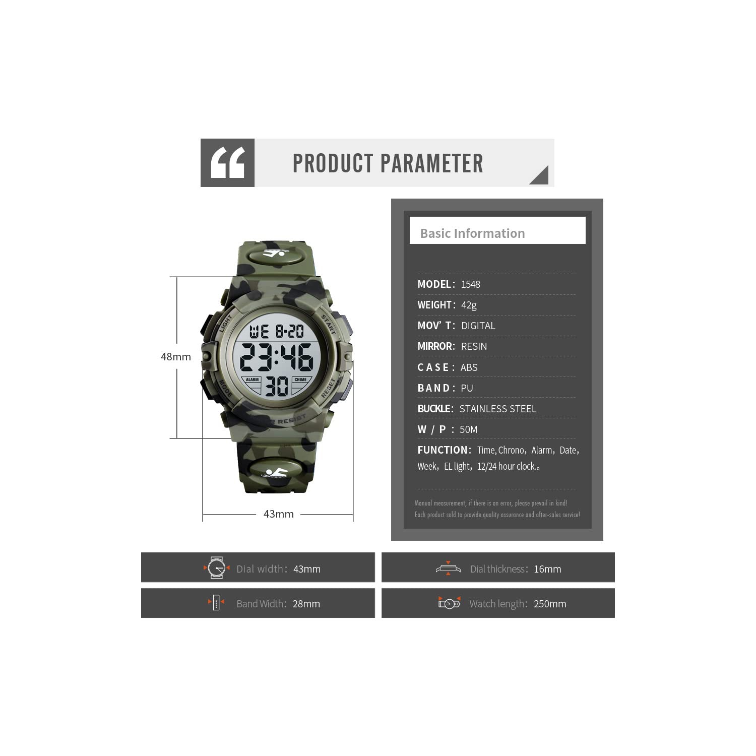 Montre sport d'extérieur étanche avec alarme, heures 12/24, chronomètre et calendrier pour garçons et filles