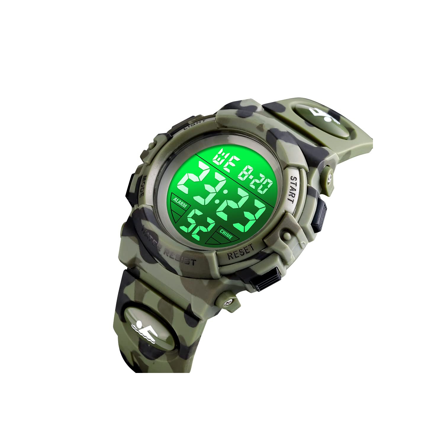 Montre sport d'extérieur étanche avec alarme, heures 12/24, chronomètre et calendrier pour garçons et filles