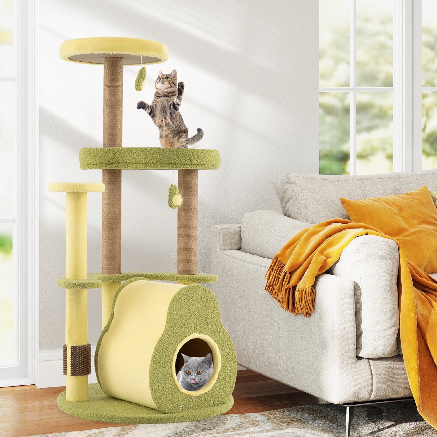 Gymax Avocado Cat Tree Multi-level Cat Tower w/ Private Condo Cat Self-grooming Brush