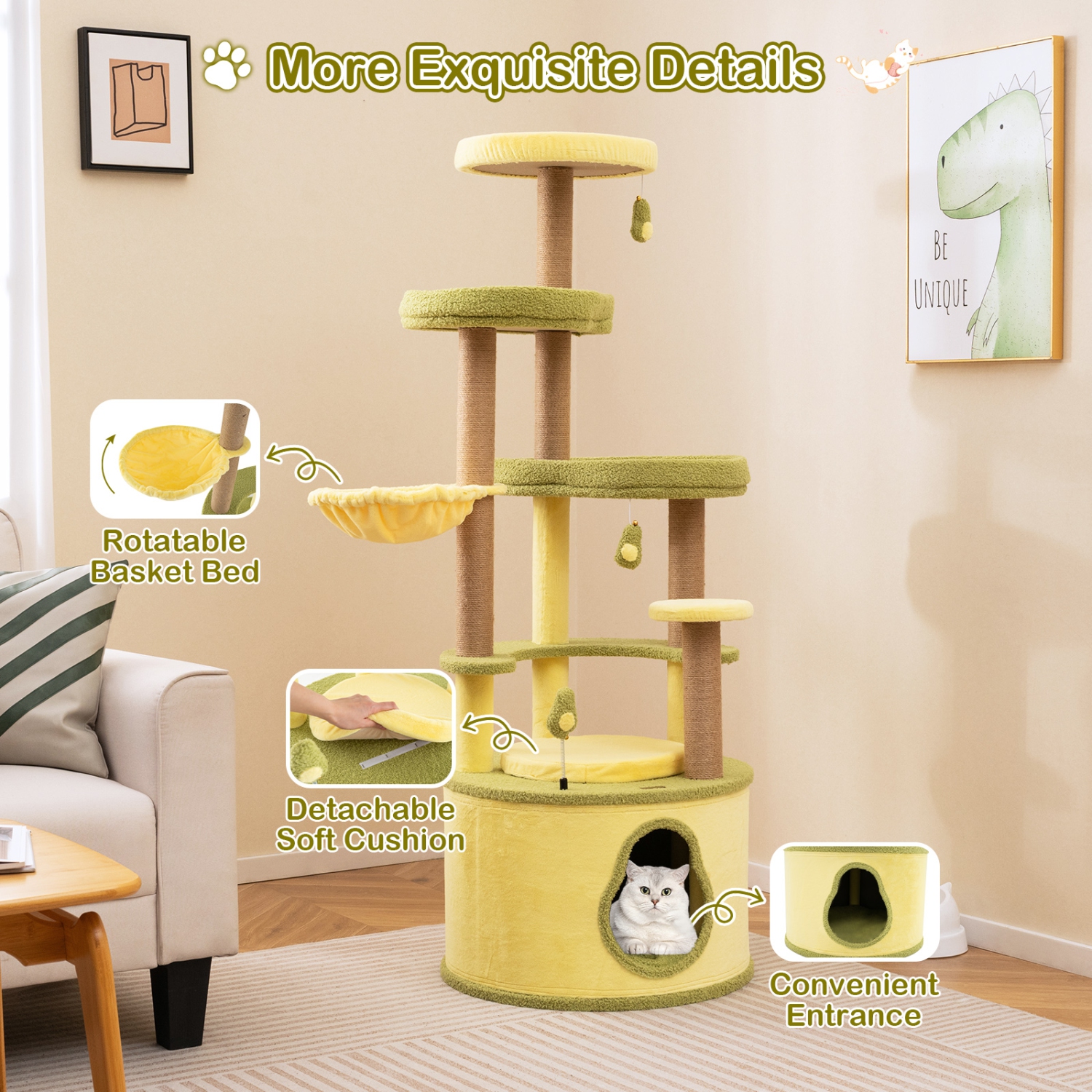 Gymax Large Avocado Cat Tree Multi-level Cat Tower w/ Large Private Condo Fun Pompoms