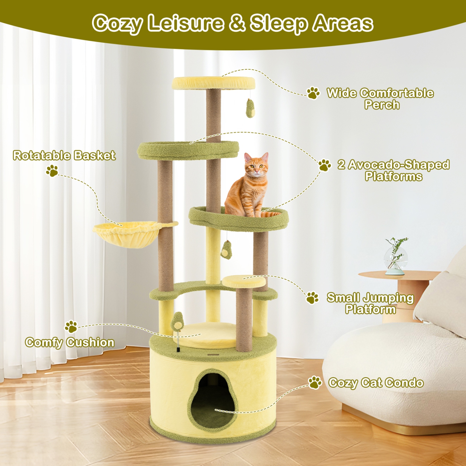 Gymax Large Avocado Cat Tree Multi-level Cat Tower w/ Large Private Condo Fun Pompoms