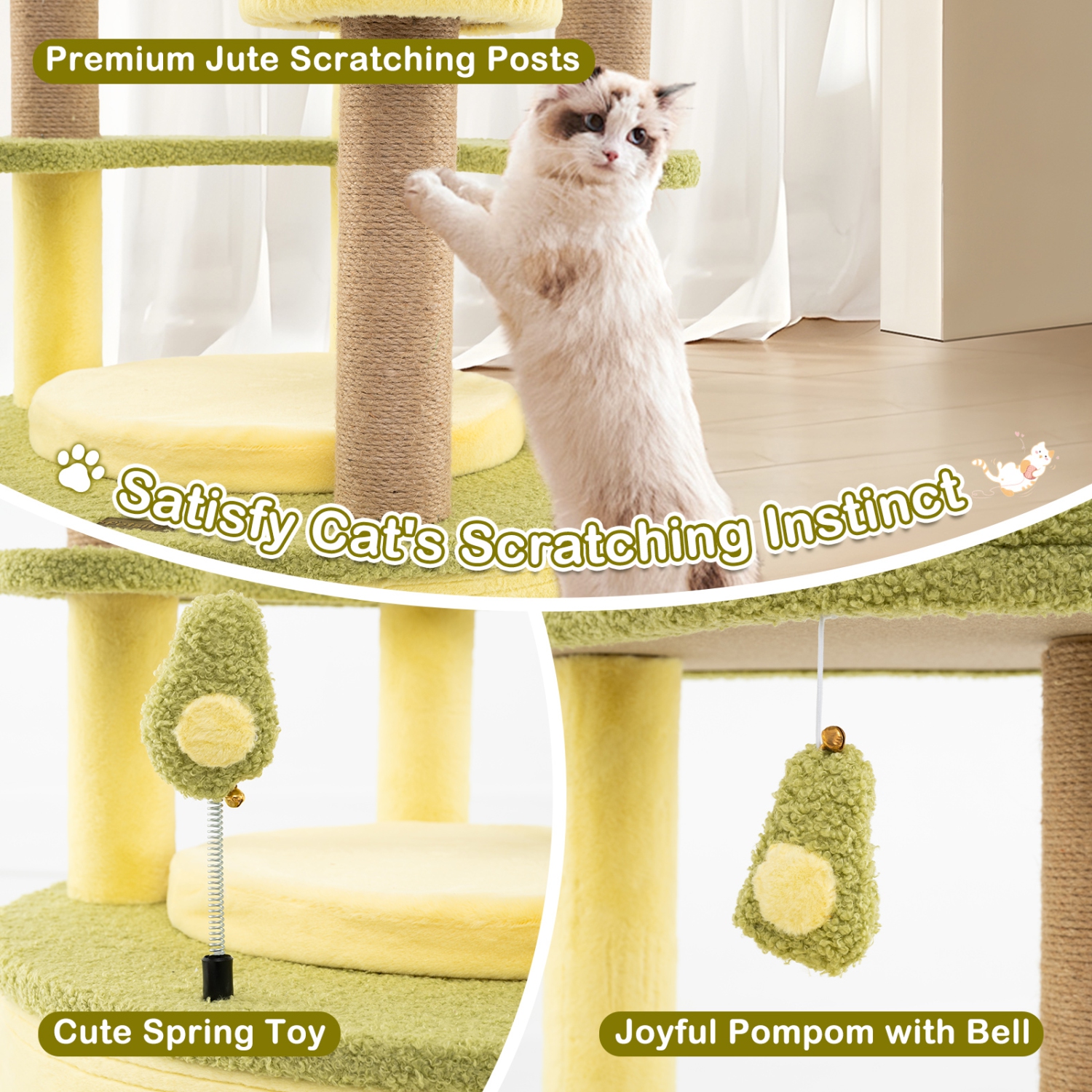 Gymax Large Avocado Cat Tree Multi-level Cat Tower w/ Large Private Condo Fun Pompoms
