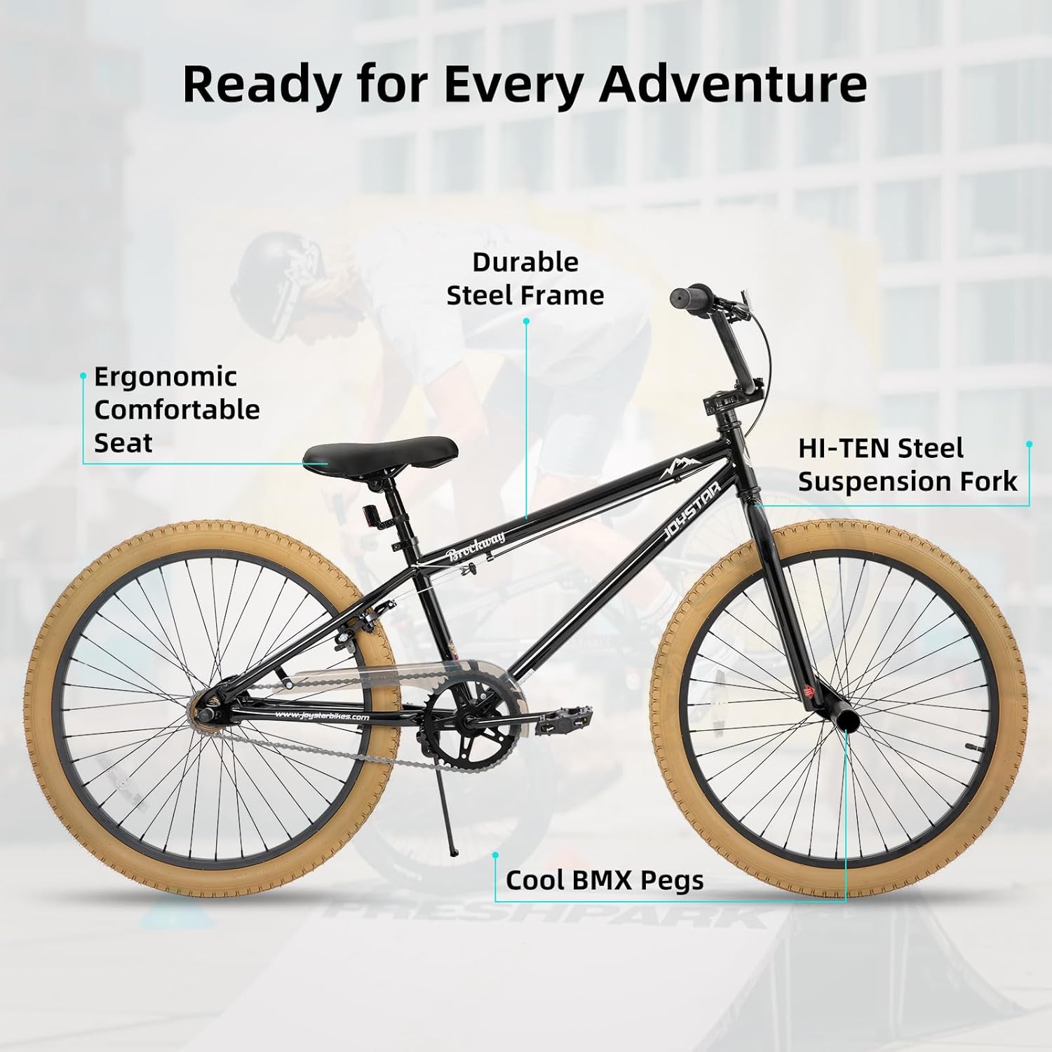 Vélos BMX pour enfants Freestyle de JOYSTAR Brockway 24&nbsp;po pour garçons de 6-14 ans filles et cyclistes pour débutants 2 chevilles brunes