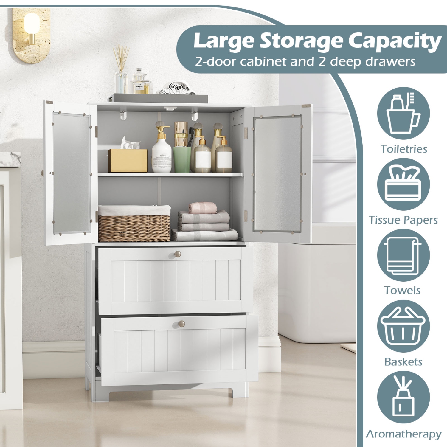 Gymax Bathroom Floor Storage Cabinet Freestanding Cupboard Pantry w/ 2 Drawers