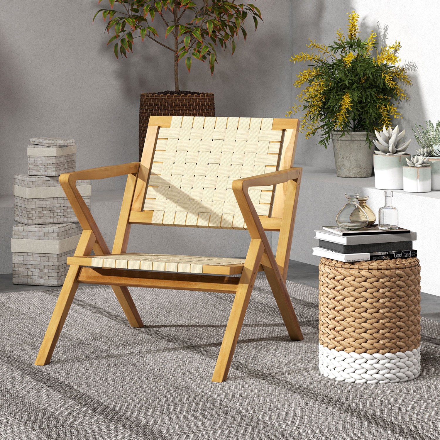 Gymax Teak Wood Patio Chair w/Webbing Seat & Backrest Mid-century Accent Chair