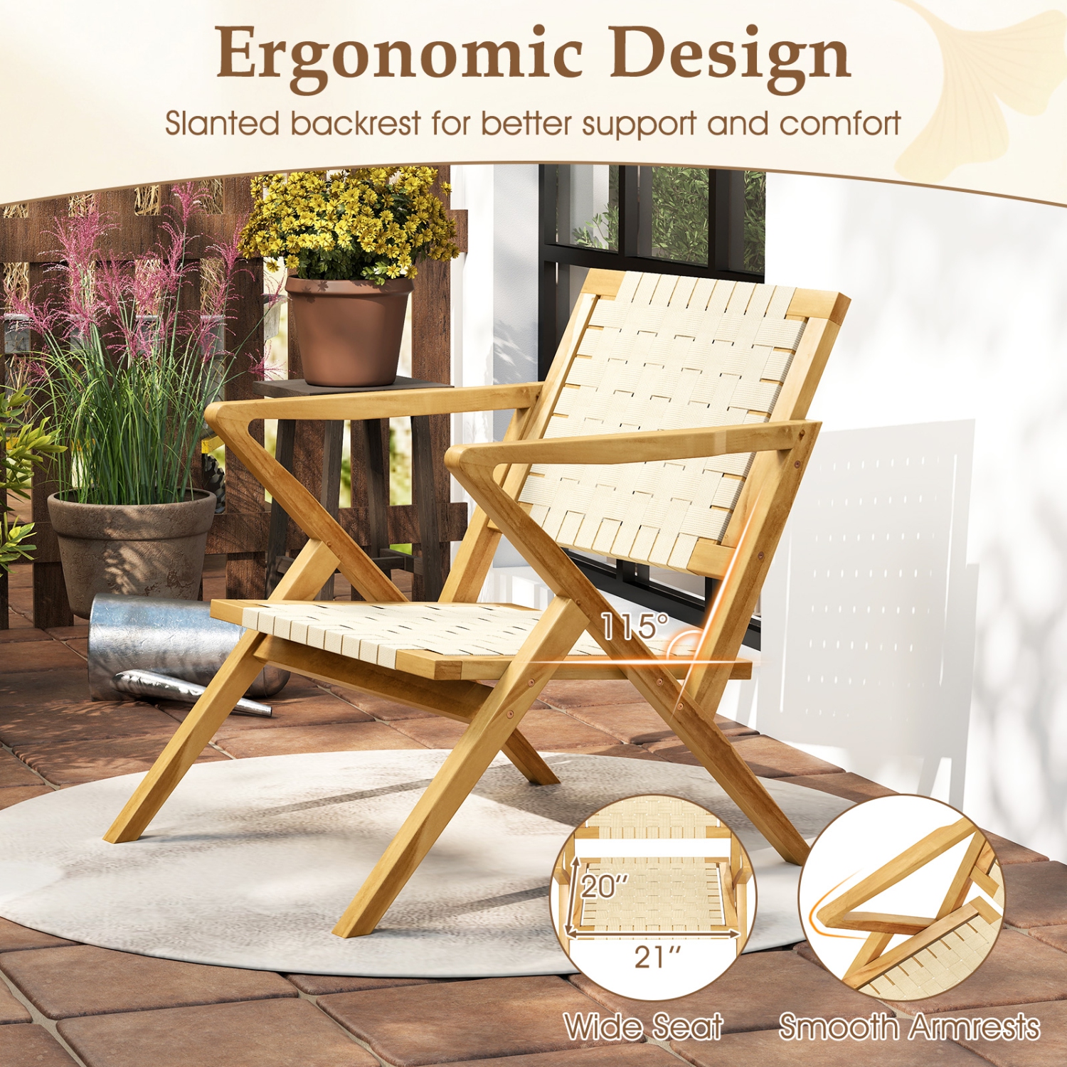 Gymax Teak Wood Patio Chair w/Webbing Seat & Backrest Mid-century Accent Chair