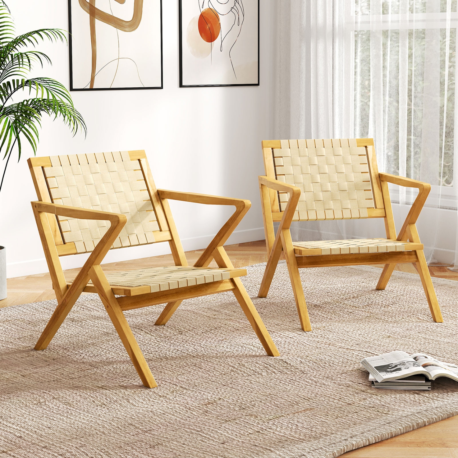 Gymax Teak Wood Patio Chair w/Webbing Seat & Backrest Mid-century Accent Chair