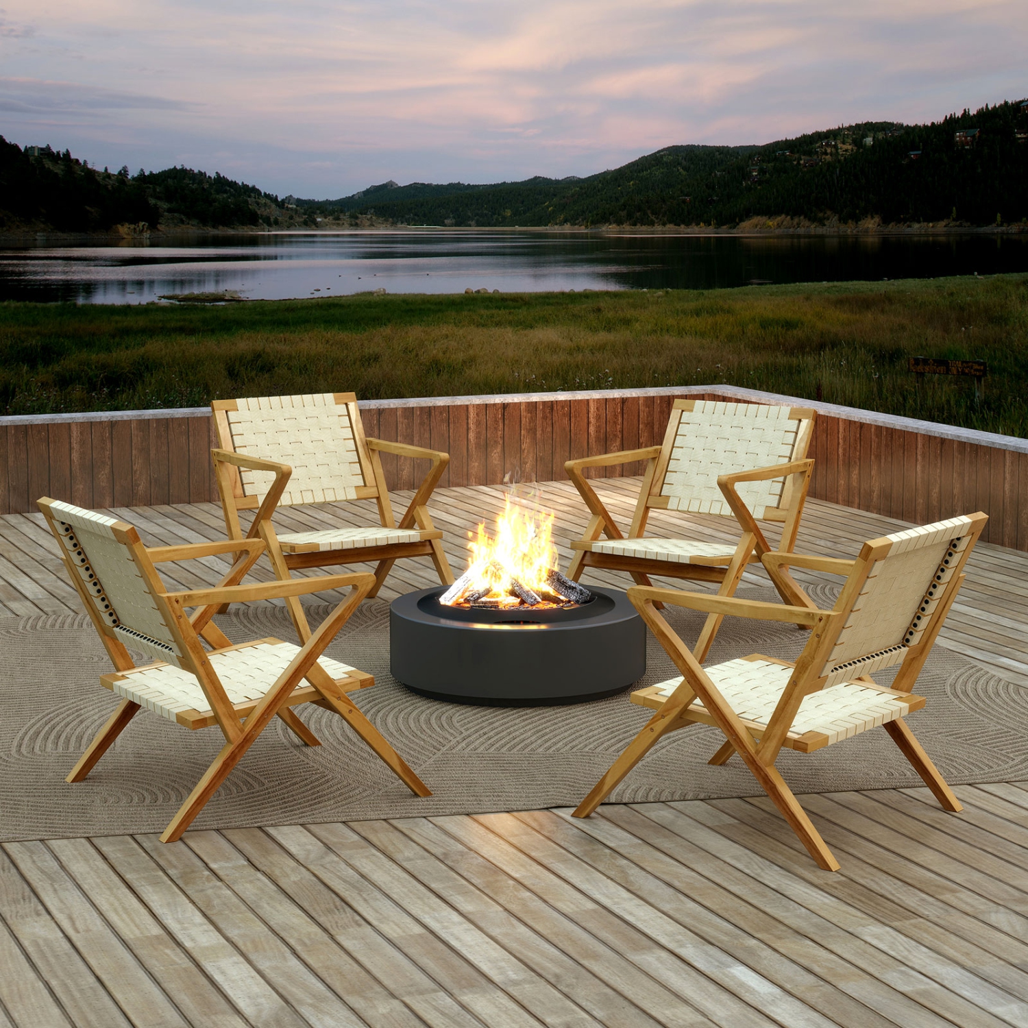 Gymax Teak Wood Patio Chair w/Webbing Seat & Backrest Mid-century Accent Chair