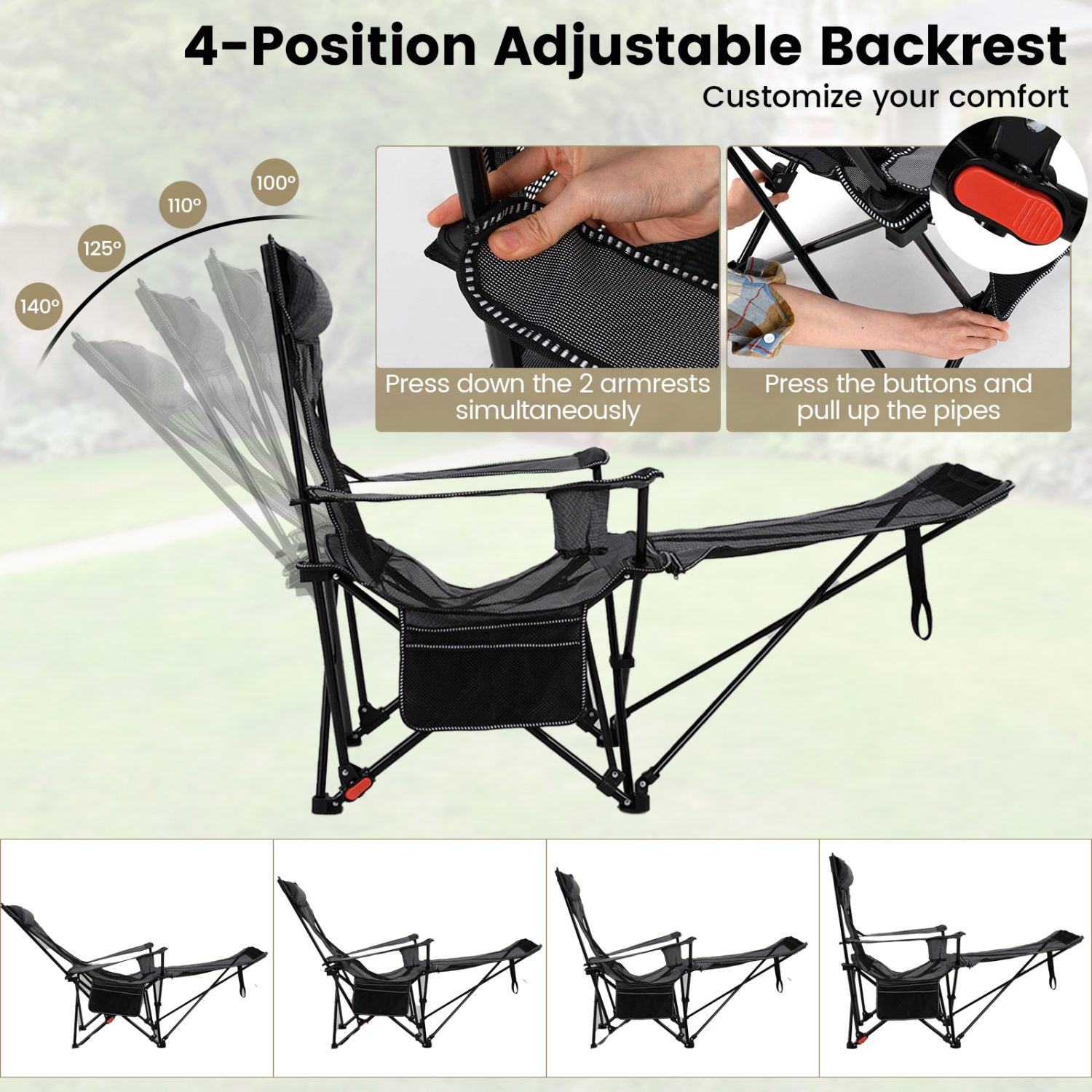 Gymax Camping Lounge Chair w/Detachable Footrest 4-position Backrest Carrying Bag