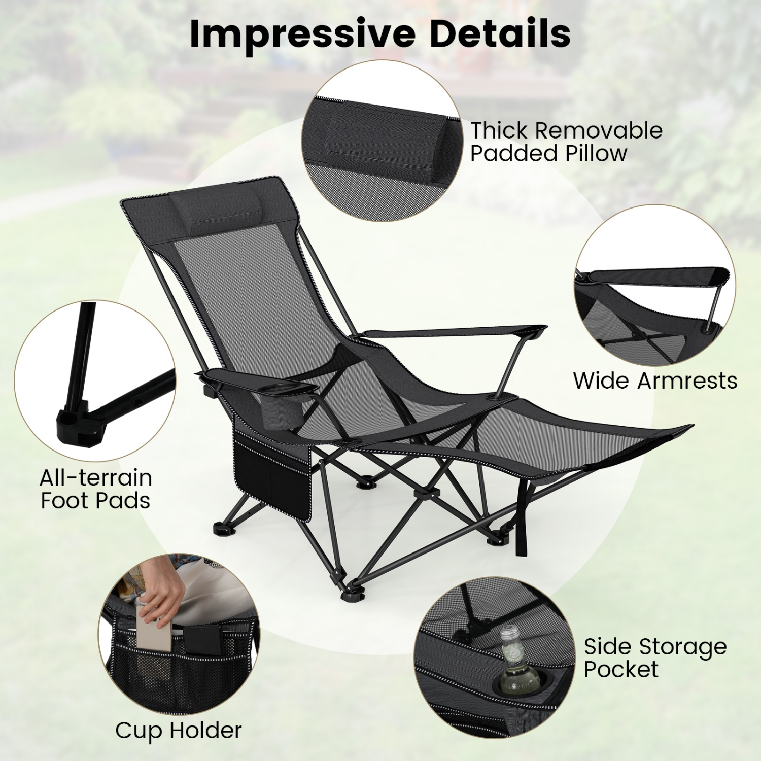 Gymax Camping Lounge Chair w/Detachable Footrest 4-position Backrest Carrying Bag