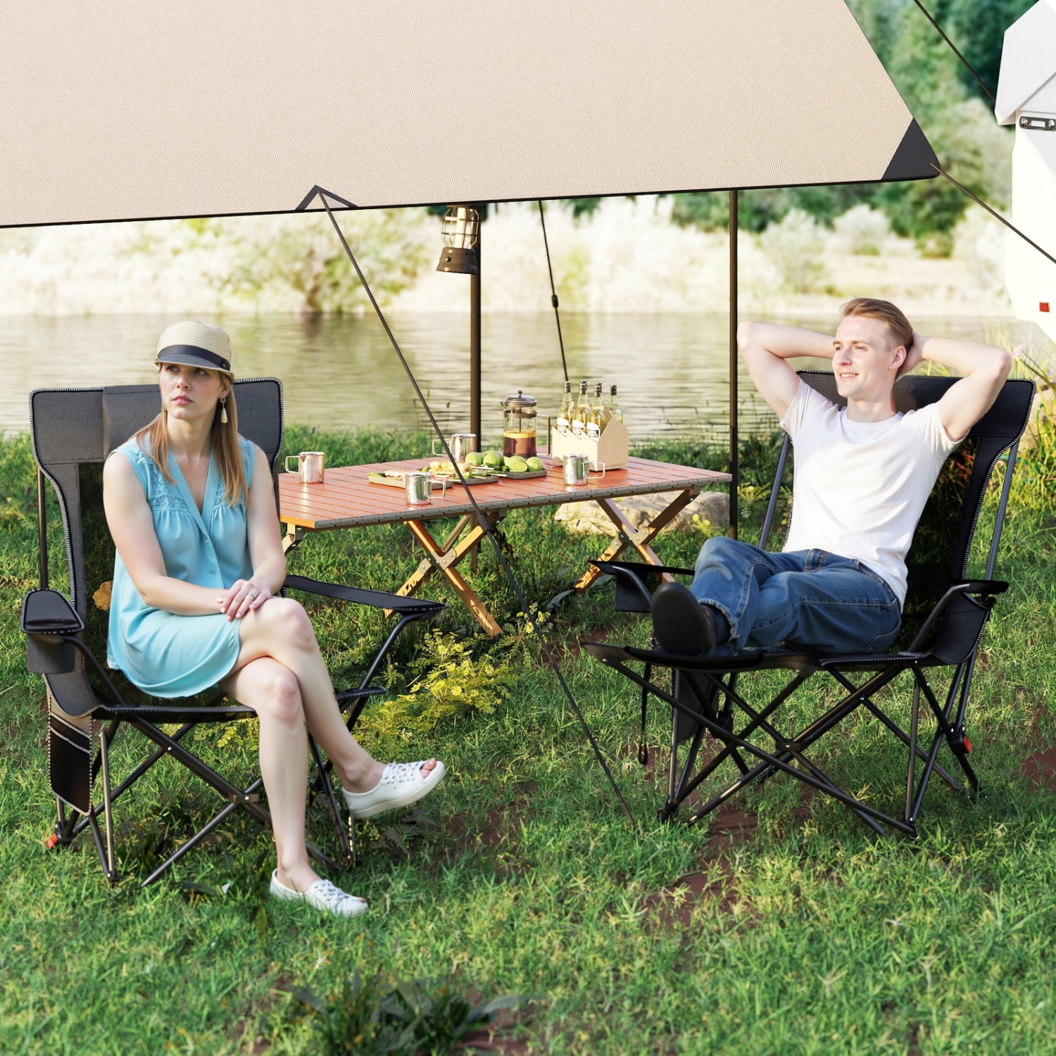 Gymax Camping Lounge Chair w/Detachable Footrest 4-position Backrest Carrying Bag