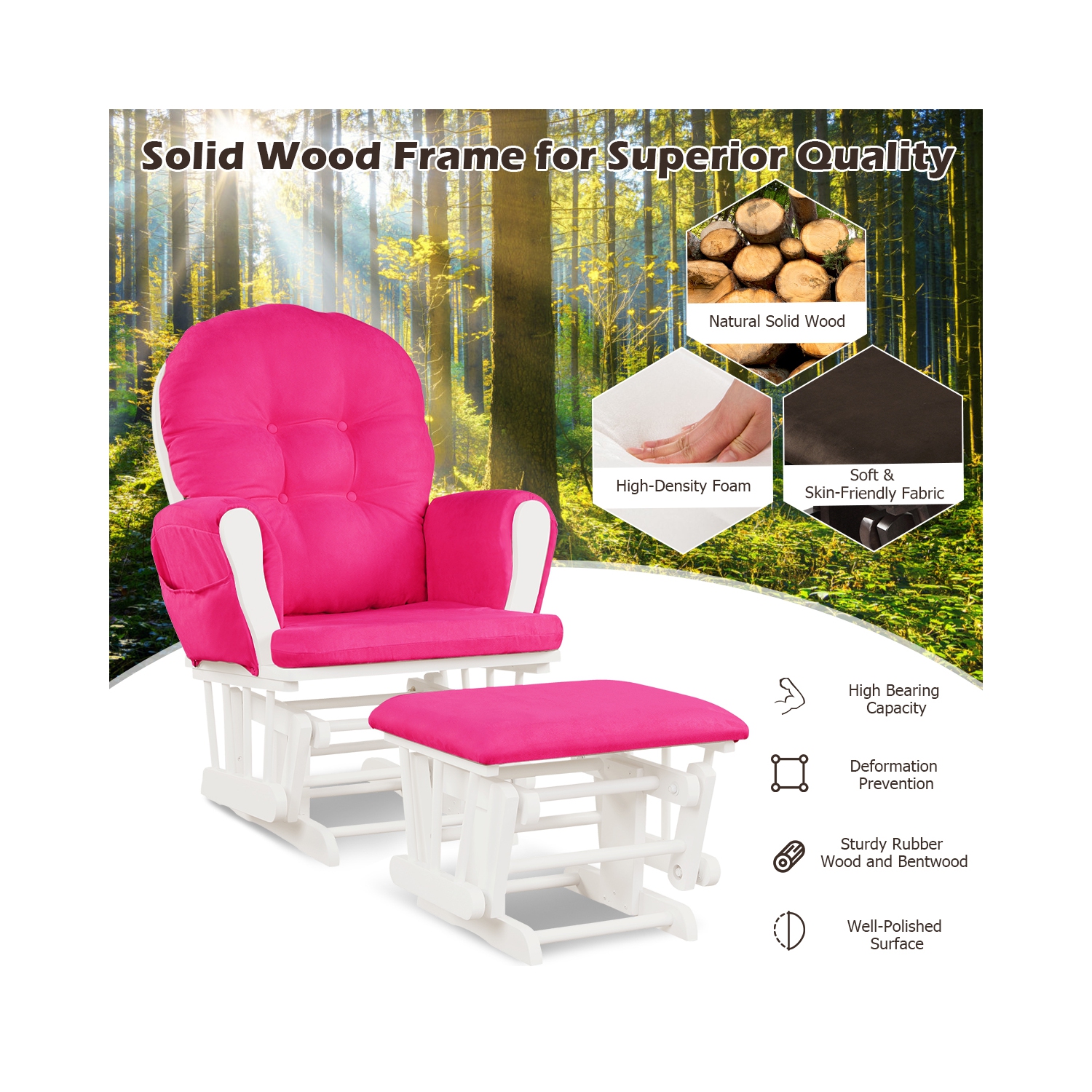 Gymax Glider & Ottoman Cushion Set Wood Baby Nursery Rocking Chair Pink