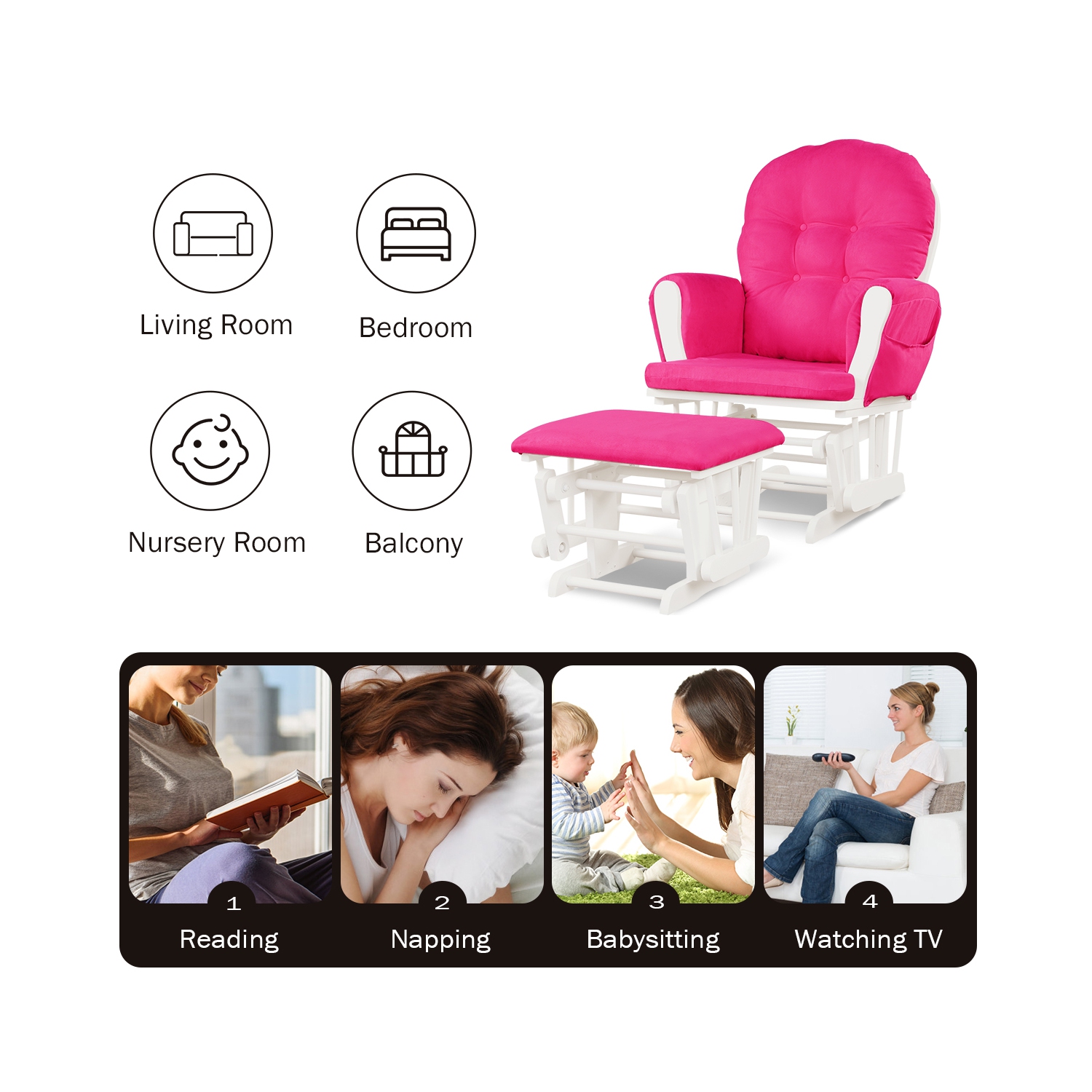 Gymax Glider & Ottoman Cushion Set Wood Baby Nursery Rocking Chair Pink