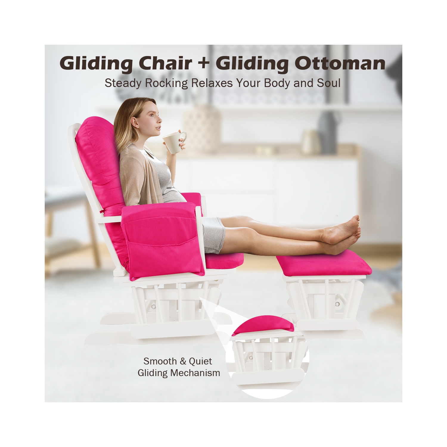 Gymax Glider & Ottoman Cushion Set Wood Baby Nursery Rocking Chair Pink