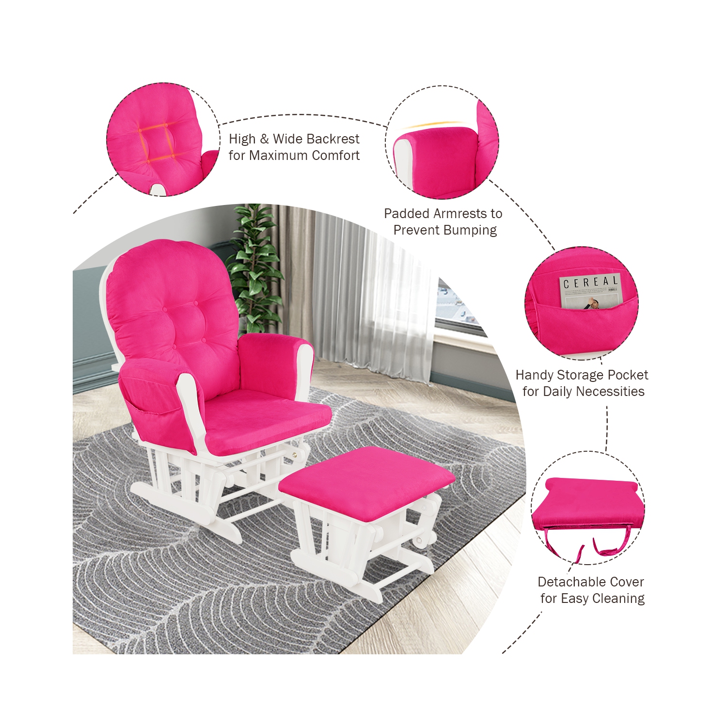 Gymax Glider & Ottoman Cushion Set Wood Baby Nursery Rocking Chair Pink