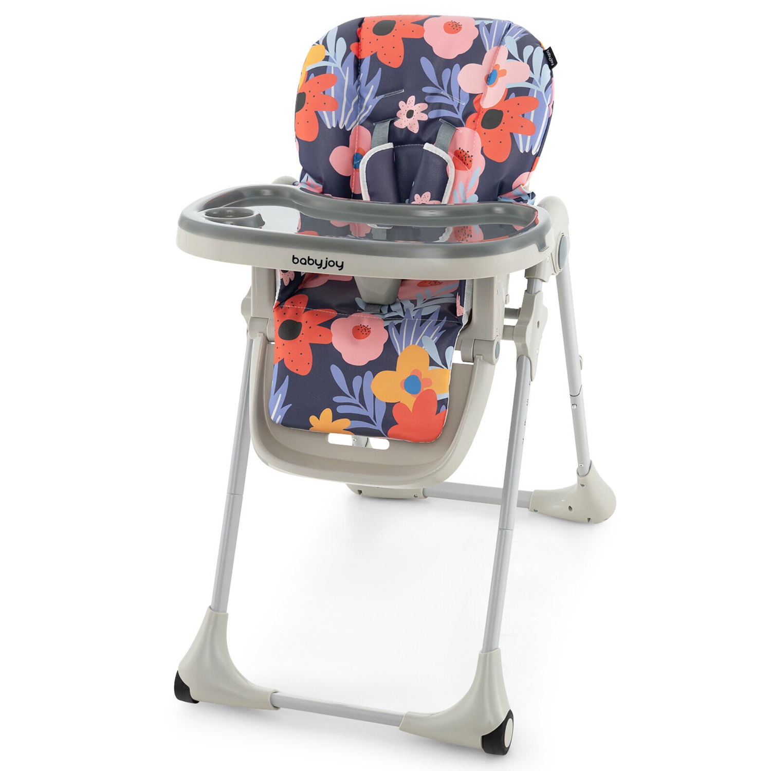 Baby High Chair w/ 7 Height & 3 Footrest Adjustable Cup holder 2 Wheels Flower