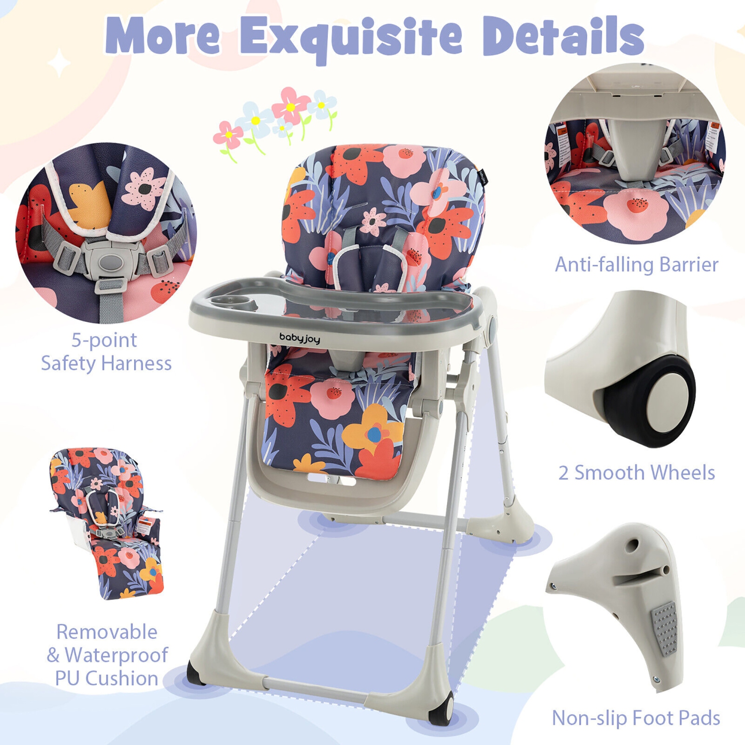 Baby High Chair w/ 7 Height & 3 Footrest Adjustable Cup holder 2 Wheels Flower